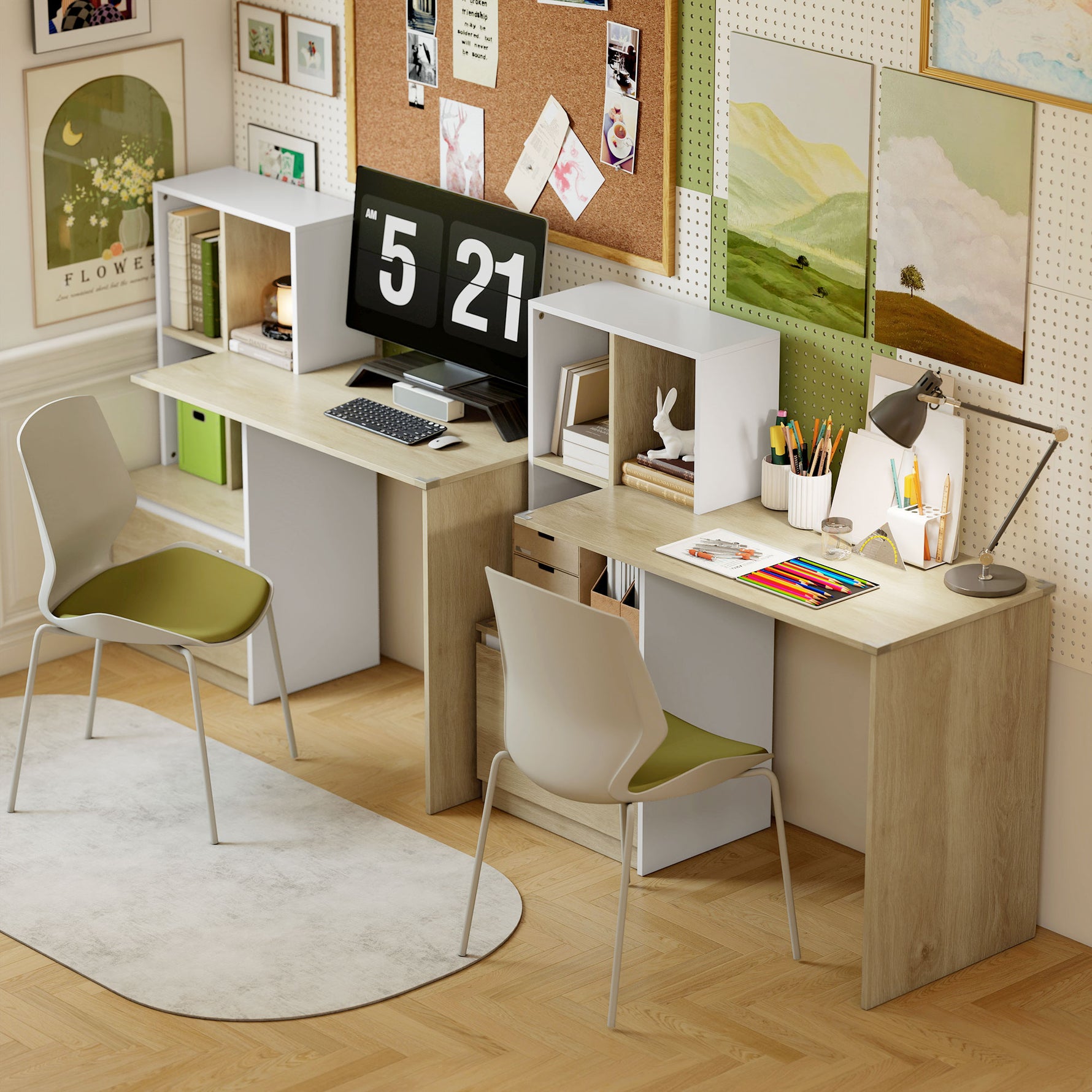 Bureau d'ordinateur avec bibliothèque 4 compartiments et tiroir verrouillable, 126 x 50 x 109 cm, chêne et blanc