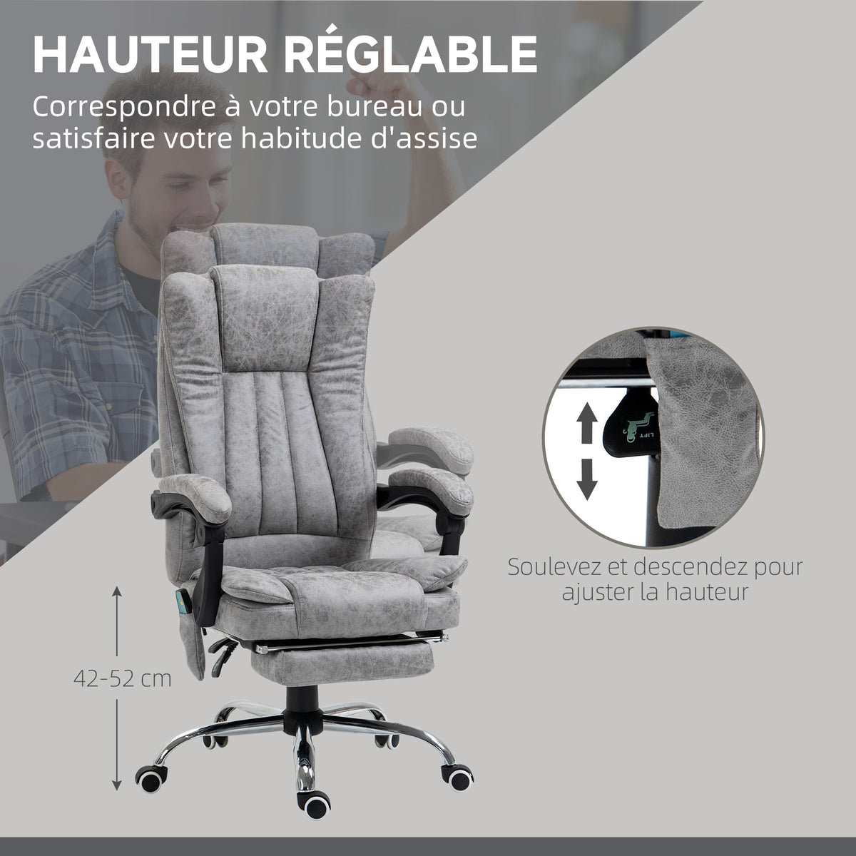 Fauteuil de bureau massant et chauffant, chaise de bureau, chaise ergonomique avec hauteur réglable, dossier inclinable, repose-pied et télécommande filaire, pivotant à 360°, gris