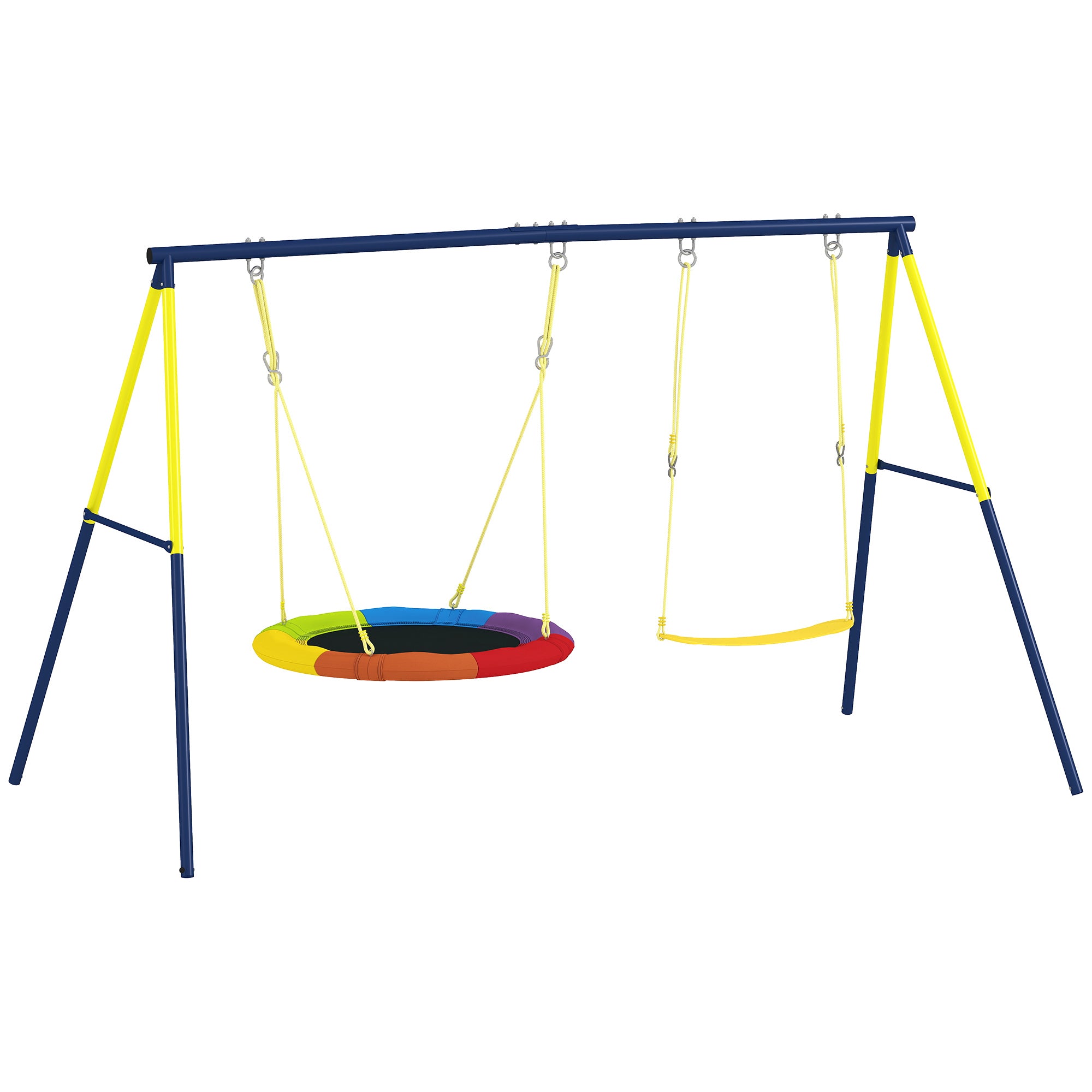 Altalena a portico per bambini con doppio seggiolino, corde regolabili, telaio in acciaio, per 3-8 anni, multicolore