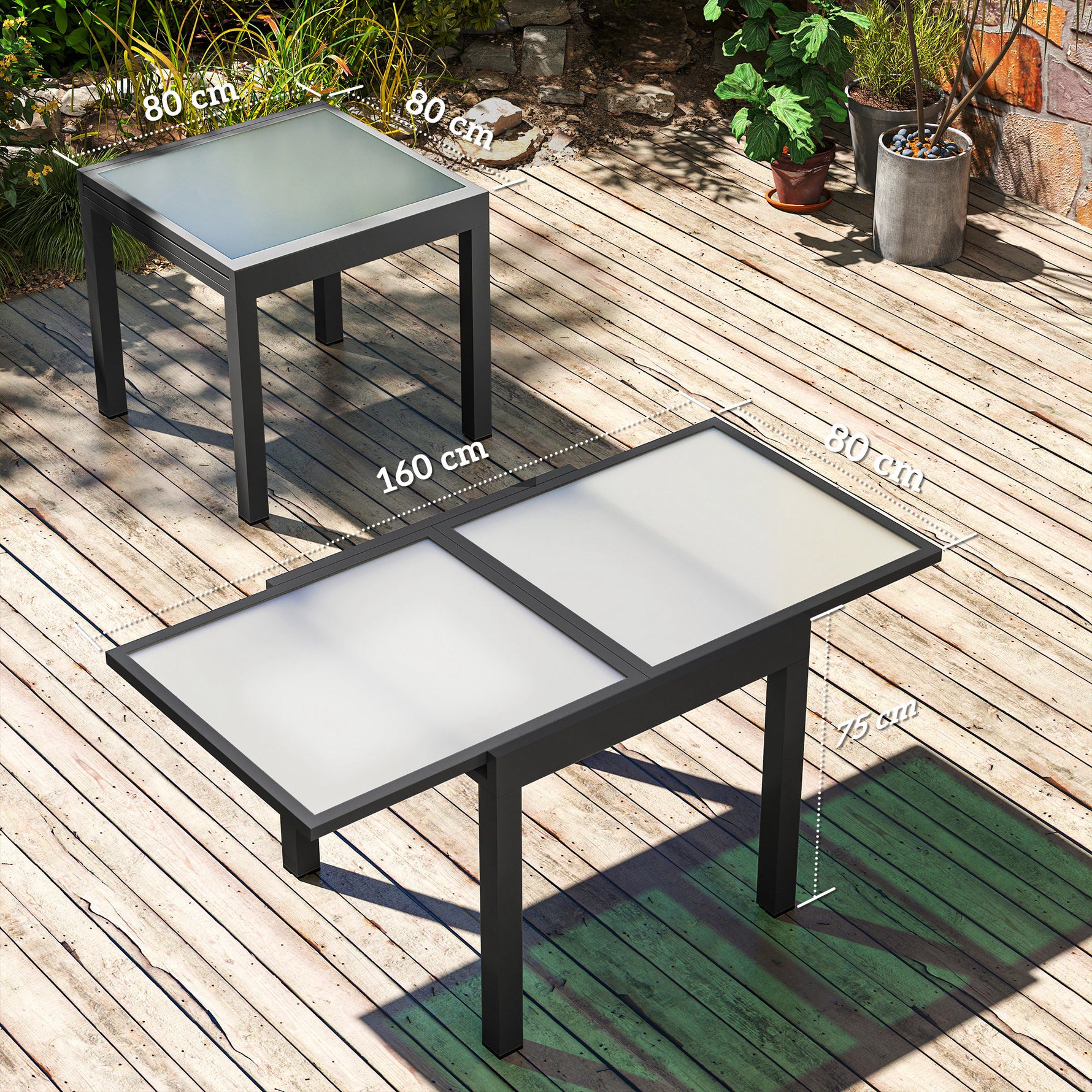 Table Extensible de Jardin Grande Taille dim. dépliées 160 x 80 x 75 cm Aluminium Plateau Verre trempé transparent