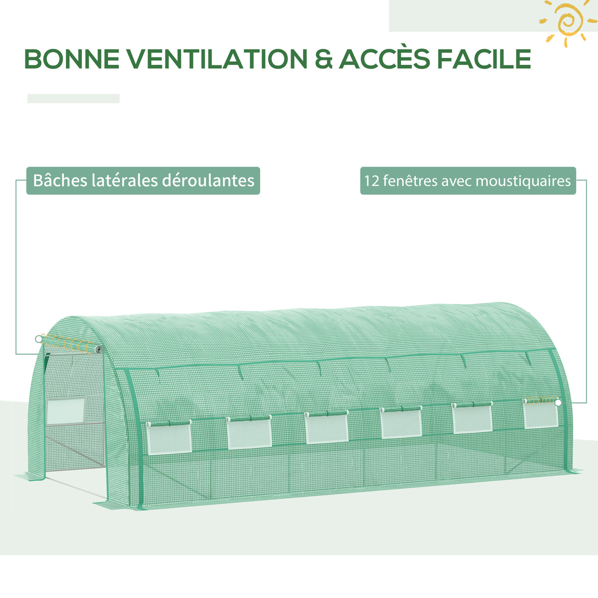 Serre de jardin serre tunnel 18 m² avec porte, parois latérales enroulables 12 fenêtres acier PE  4 x 3 x 2 m vert
