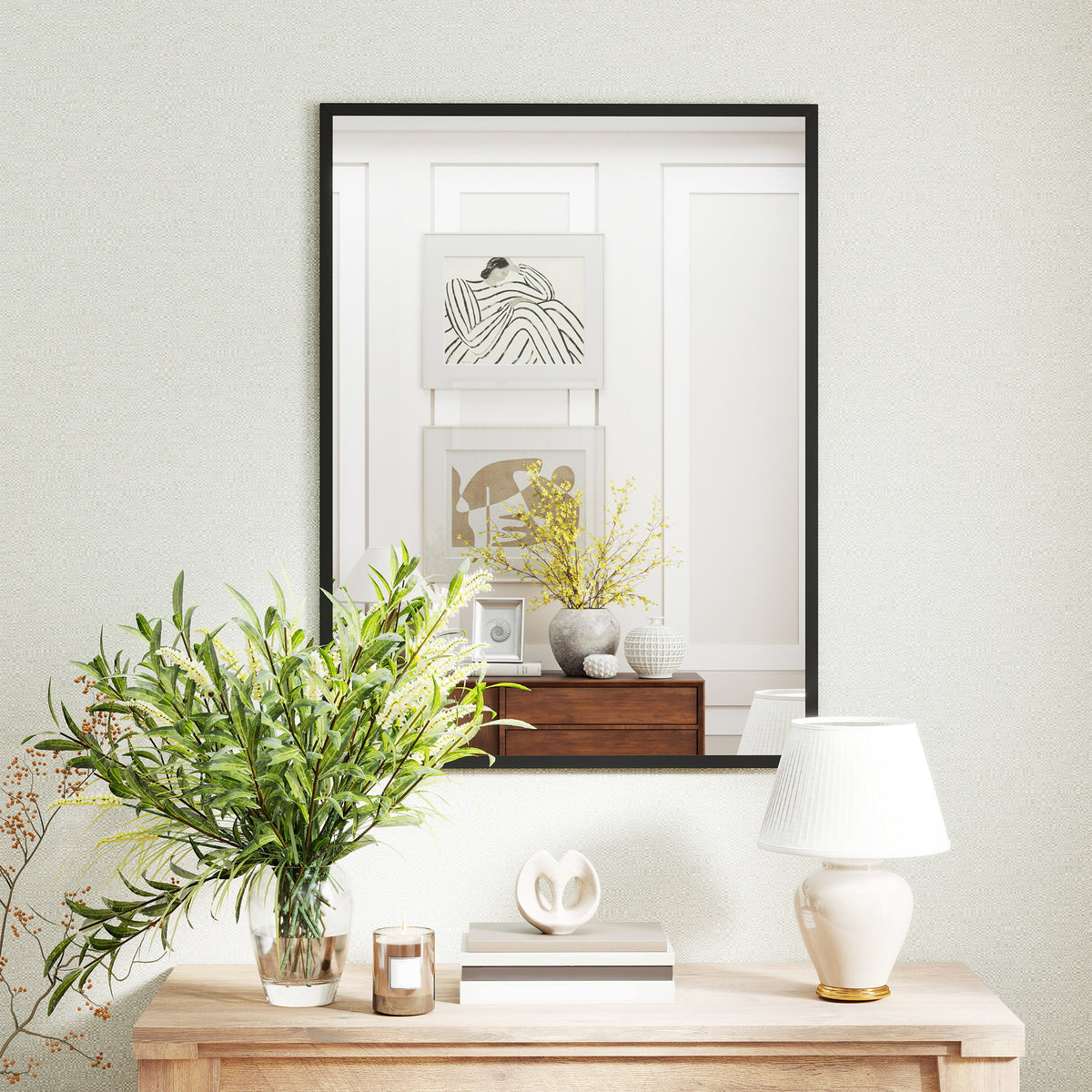 Miroir mural rectangulaire 76 x 101 cm, cadre en bois noir, idéal pour la salle de bain, salon ou chambre