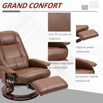 Fauteuil relax inclinable repose-pieds réglable pivotant 360° piètement bois revêtement PU respirant et doux marron