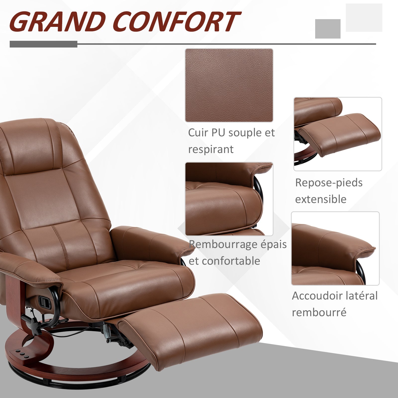 Fauteuil relax inclinable repose-pieds réglable pivotant 360° piètement bois revêtement PU respirant et doux marron
