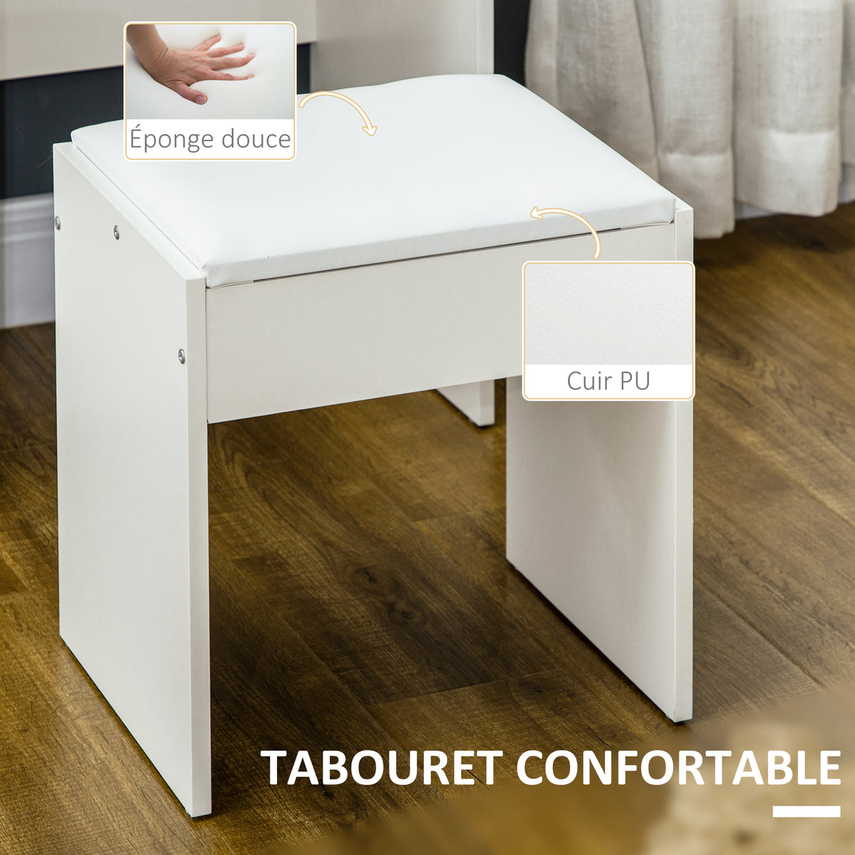 Ensemble de coiffeuse avec tabouret rembourré grand miroir + plusieurs étagères ouvertes + 4 tiroirs blanc