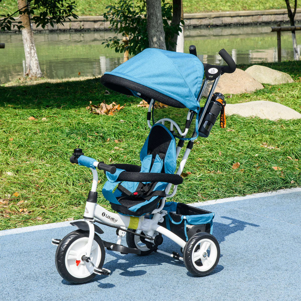 6-in-1-Dreirad für Kinder, Sonnendach, 5-Punkt-Sicherheitsgurt, Stauraum, Fußstütze, Bremse, 1–5 Jahre, blau