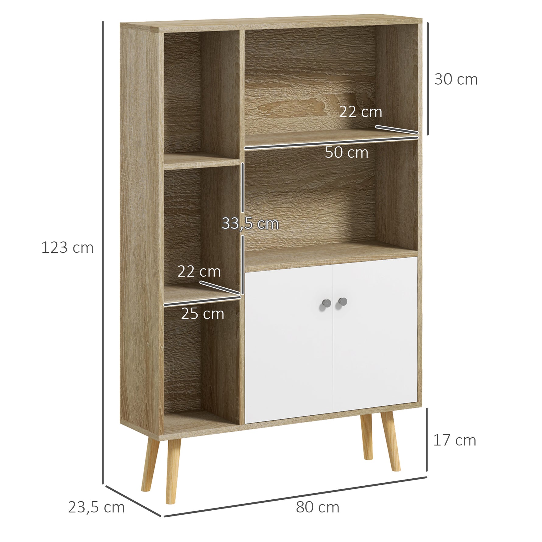 Bibliothèque scandinave meuble de rangement dim. 80L x 23,5l x 123H cm 5 niches placard 2 portes pieds effilés inclinés
