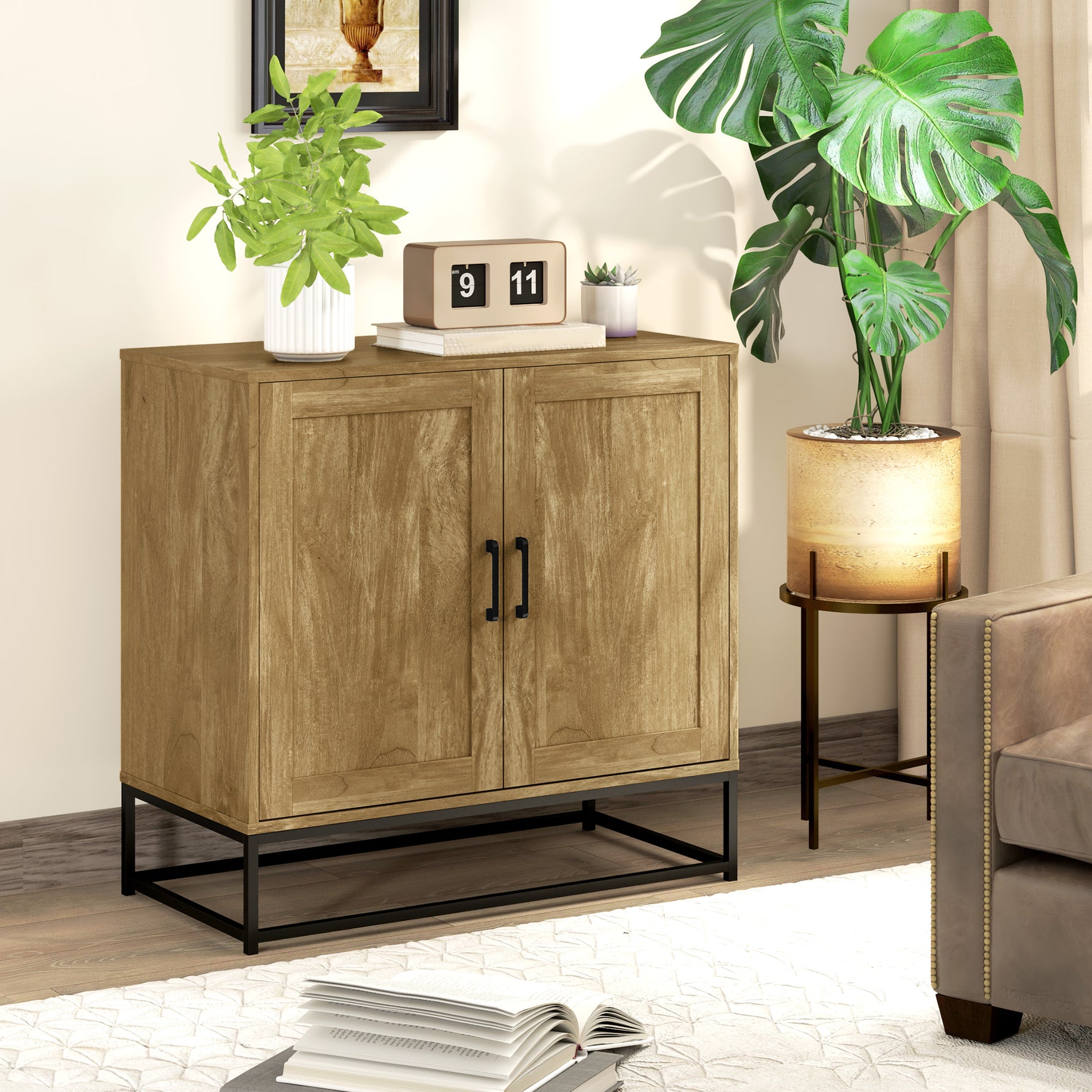 Buffet meuble de rangement 2 portes avec étagère intérieur réglable en hauteur 80l x 40P x 78H cm, bois naturel