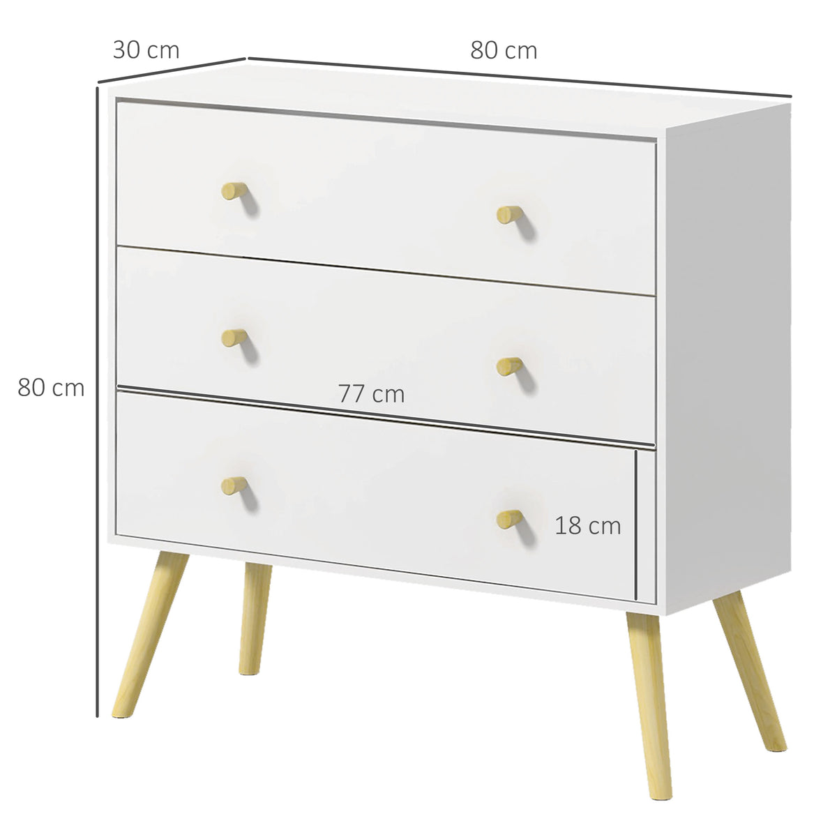 Kommode mit 3 Schubladen im skandinavischen Design, schräg zulaufende Beine, Kiefernholz, weiße Paneele, 80 x 30 x 80 cm, Weiß