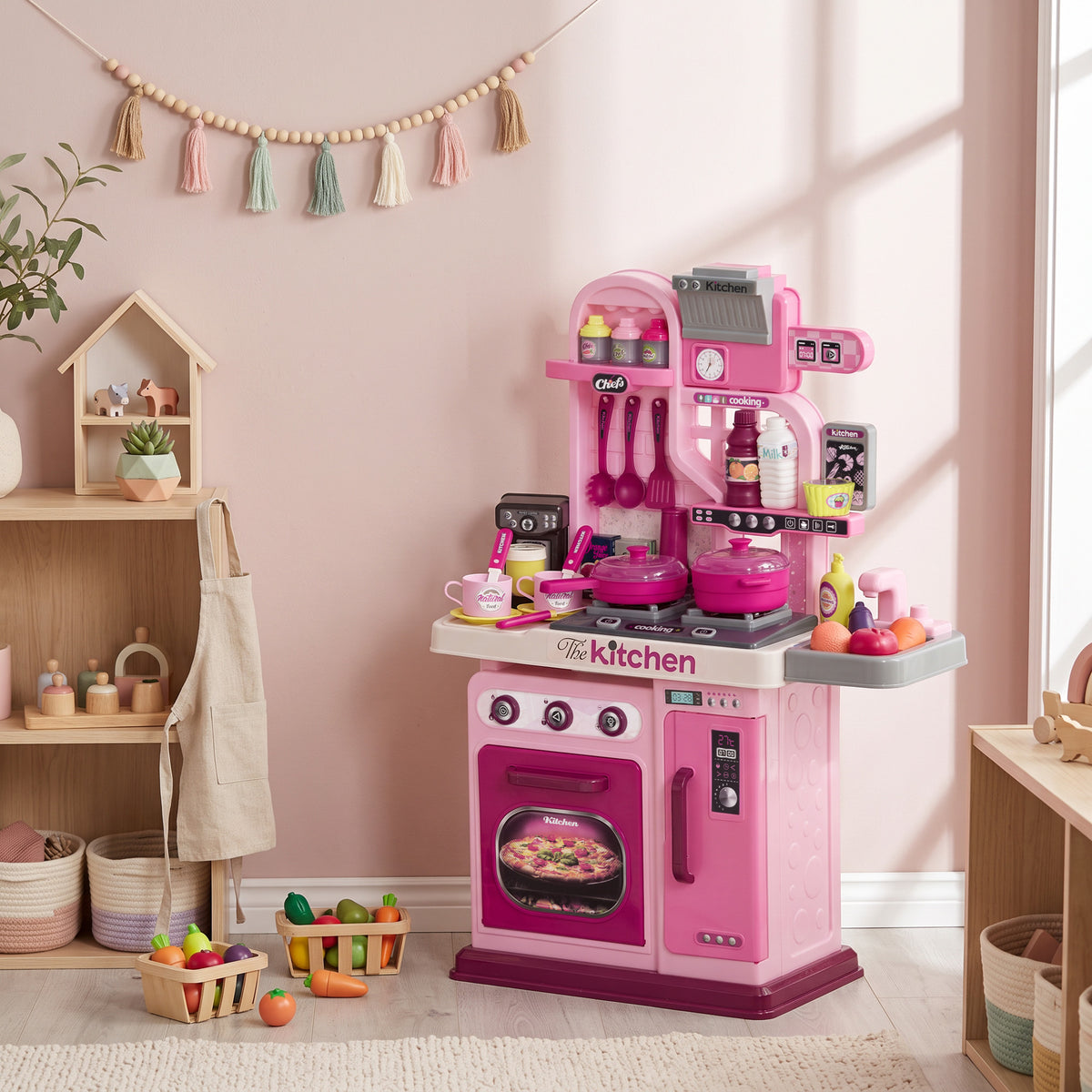 Cuisine enfant accessoires 33 PCS jouet d'imitation pour enfant dinette enfant 3-6 ans lumières et sons réalistes rose