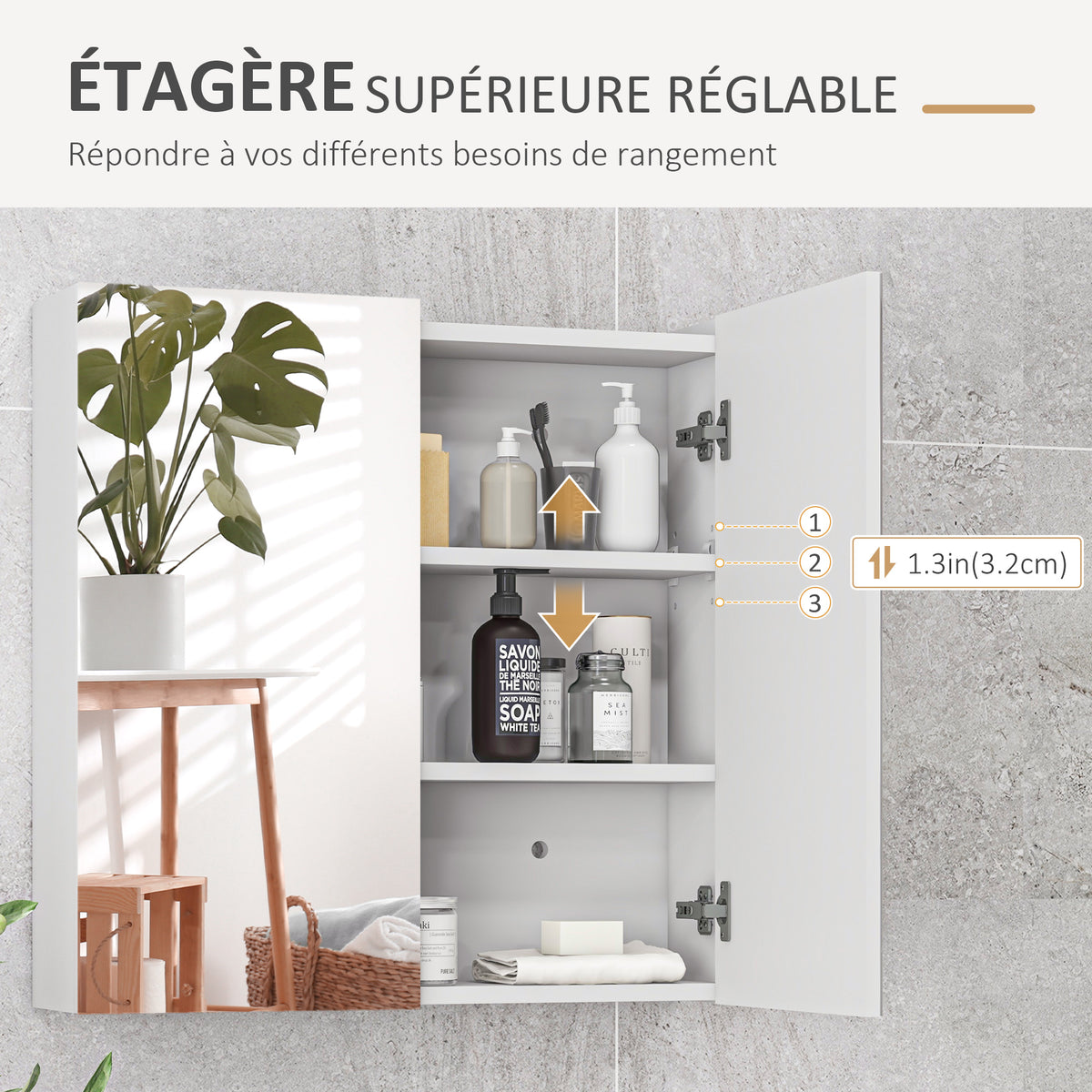 Armoire murale de salle de bain miroir placard de rangement 2 portes 3 niveaux étagère réglable 60 x 15 x 60 cm blanc