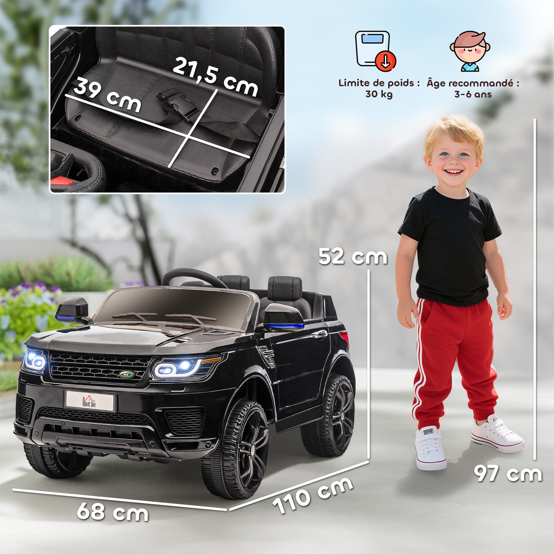 Voiture électrique enfants véhicule électrique 12 V double moteurs 3 à 5 km/h 110 x 68 x 52 cm noir