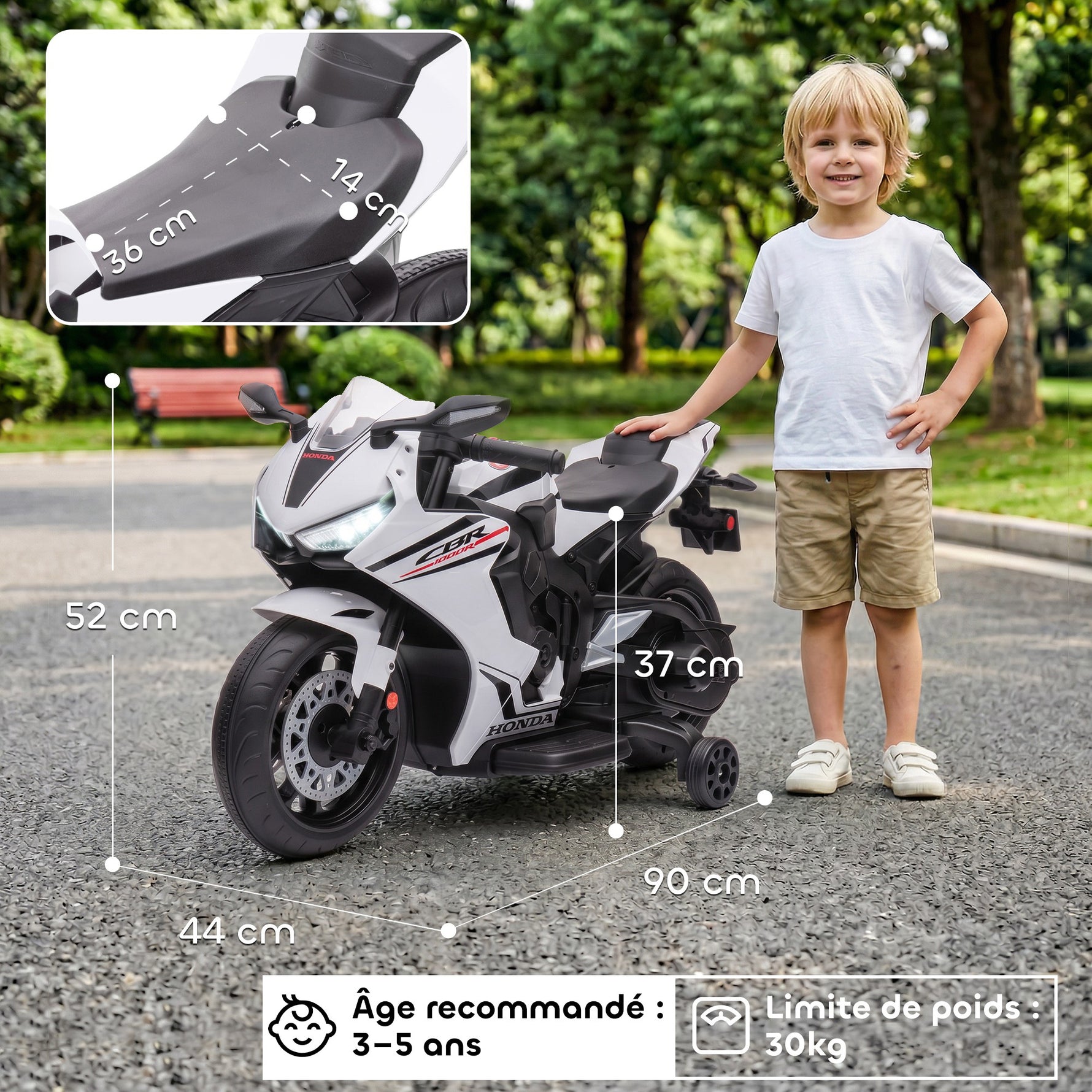Moto Électrique Enfants sous Licence HONDA 6 V, 3 Km/h, Musique & Lumière, 2 Roues d'Entraînement, Blanc
