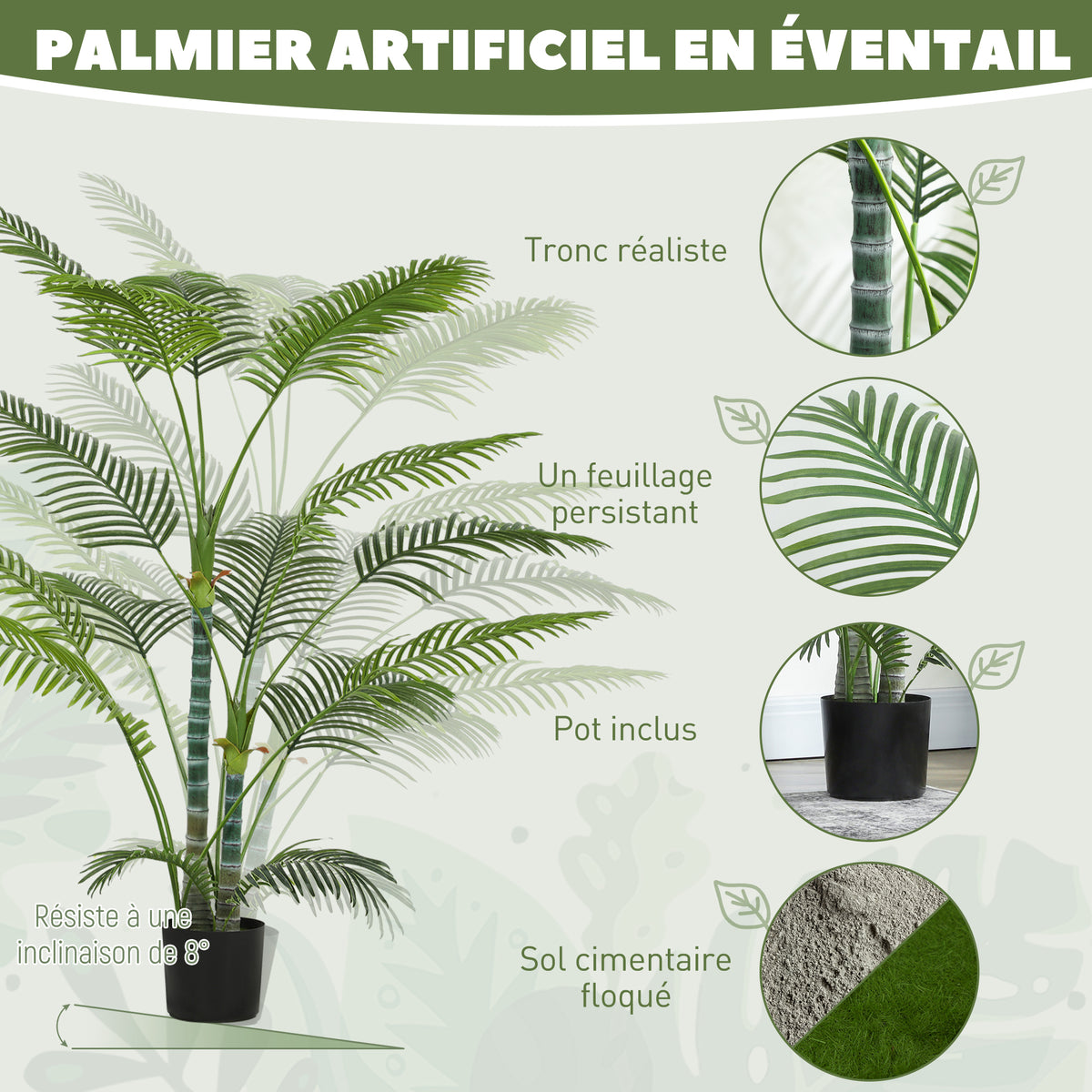 Plante artificielle intérieure 170 cm, palmier arbre artificiel avec pot en plastique et flocage, vert