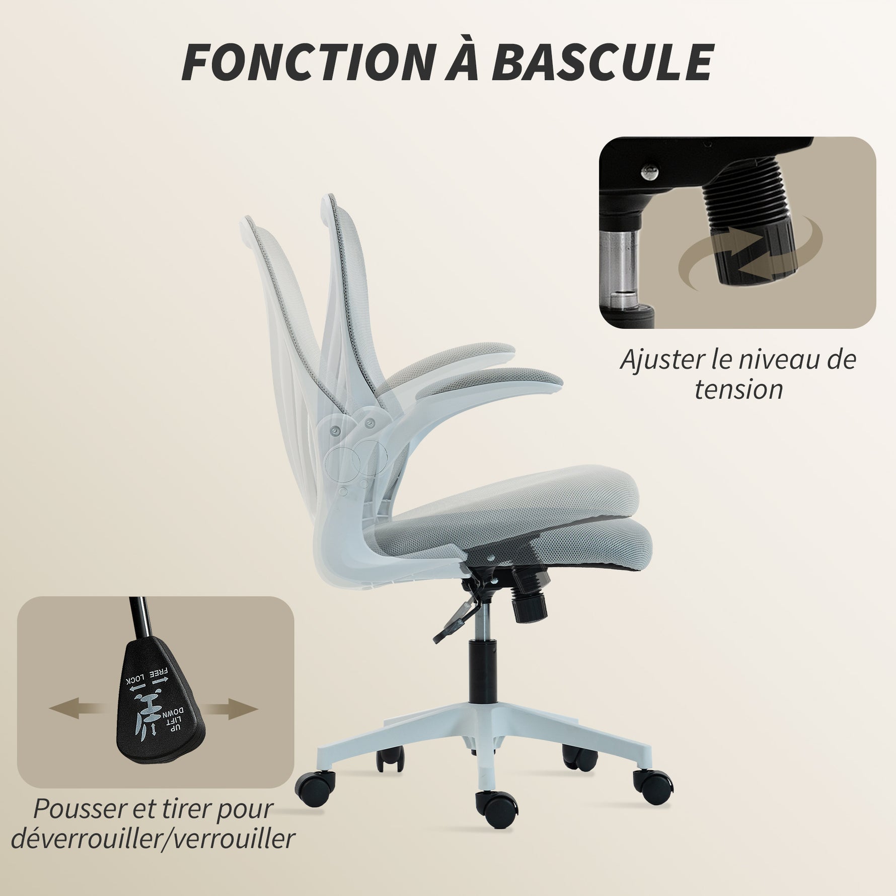 Chaise bureau ergonomique, fauteuil de bureau maille, dossier rabattable, accoudoirs relevables, 73x62x101-111cm, gris