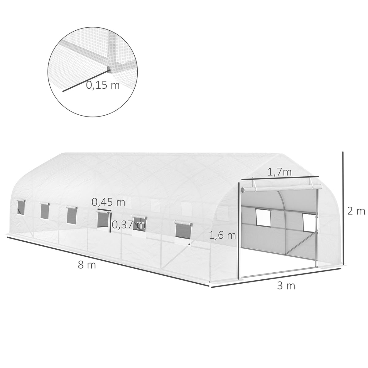 Serra da giardino a tunnel di grandi dimensioni con telo in PE, struttura in acciaio, porta avvolgibile e 12 finestre, 8 x 3 x 2 m, bianca