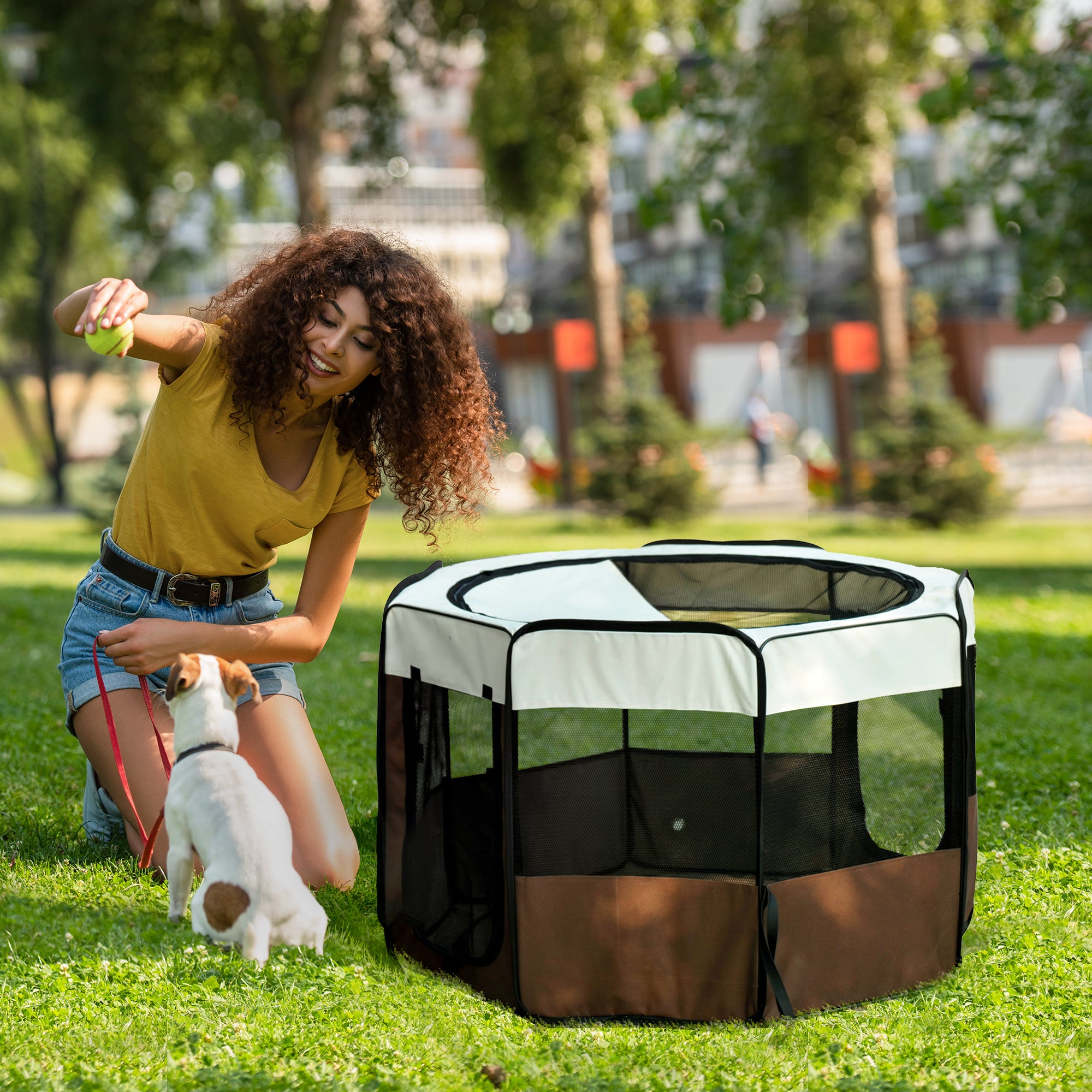 Parc enclos pliable pour chien chat petits animaux octogonal en tissu Oxford et acier Ø 90 x 41H cm marron beige