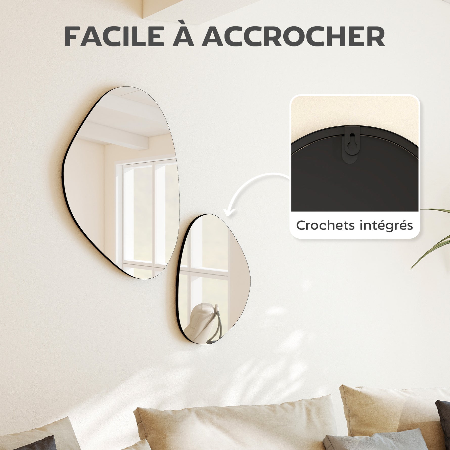 Lot de 2 miroirs muraux, miroirs décoratifs irréguliers en forme de galet, cadre en métal, 70 x 46 cm/49,5 x 31 cm, noir