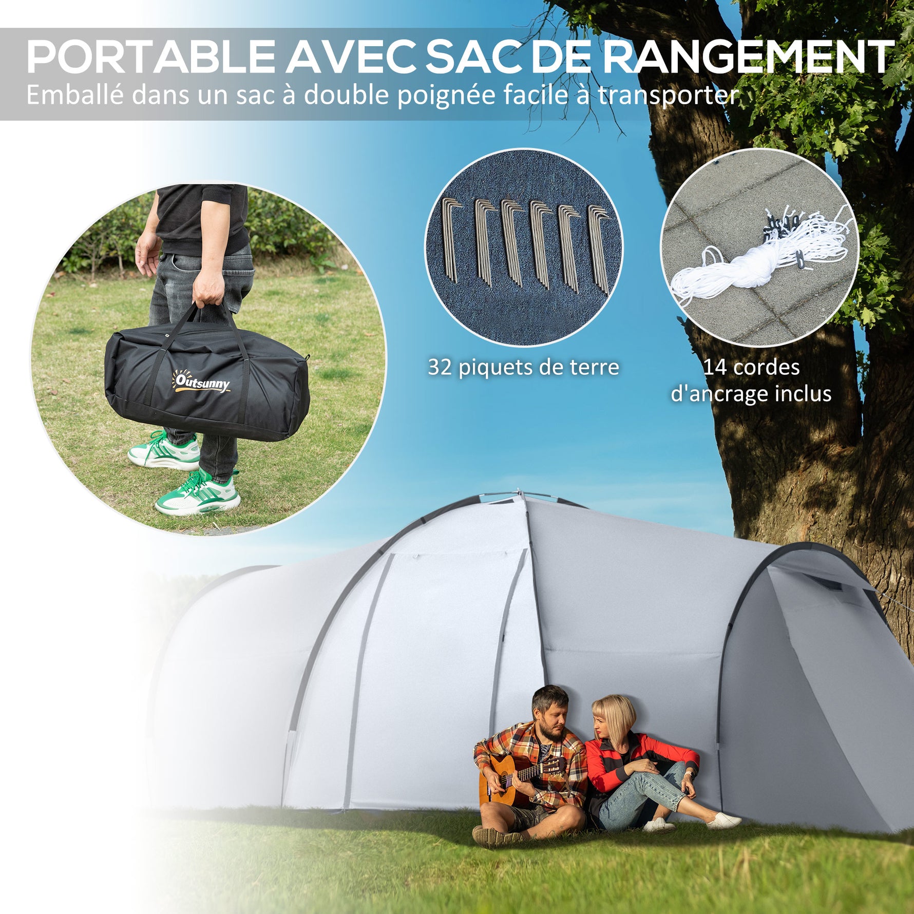 Tente de camping familiale 4 personnes dôme 2 chambres 1 séjour et 1 auvent anti-UV Imperméable 2000 mm multicolore