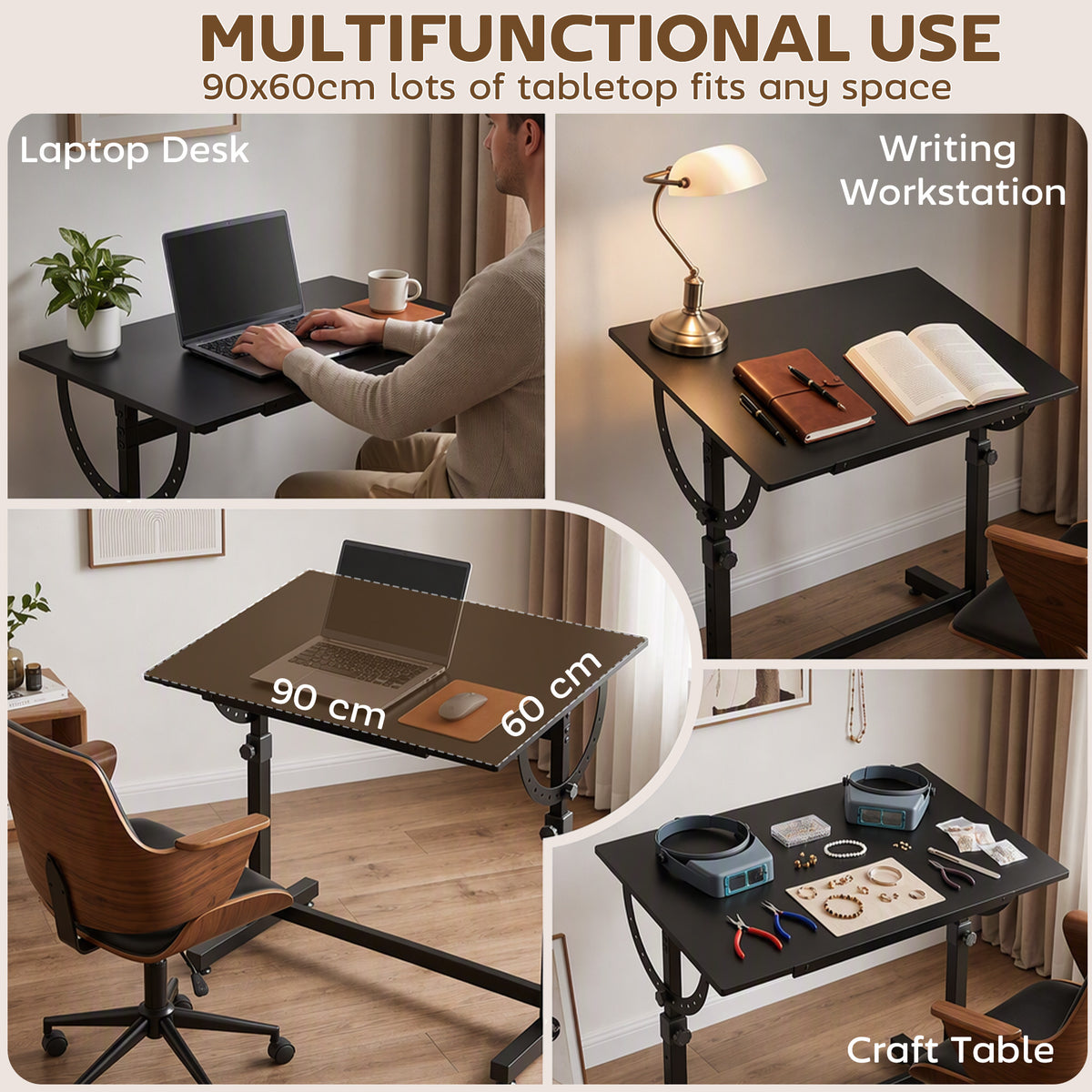 Table à Dessin Inclinable 0°-85°, Bureau à Dessin Réglable en Hauteur avec Rebord Antidérapant, Cadre en Acier, Noir