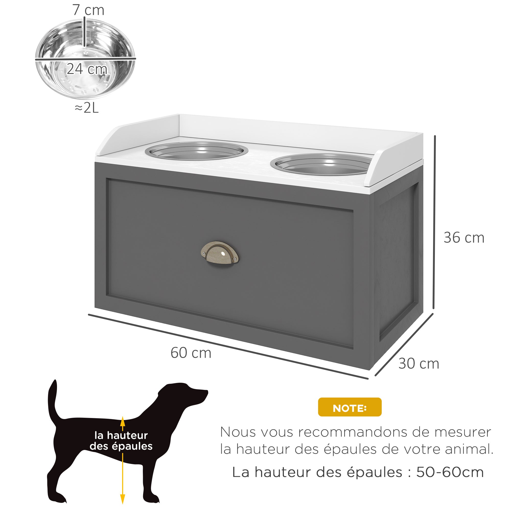 Double pet bowl for dogs and cats - 2-in-1 elevated bowl stand with storage - drawer, 2 bowls - stainless steel. White and grey MDF