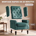 Gecapitonneerde salonfauteuil met brede zitting, houten poten, klassieke stijl, hoog comfort, 74 x 86 x 102 cm, groen