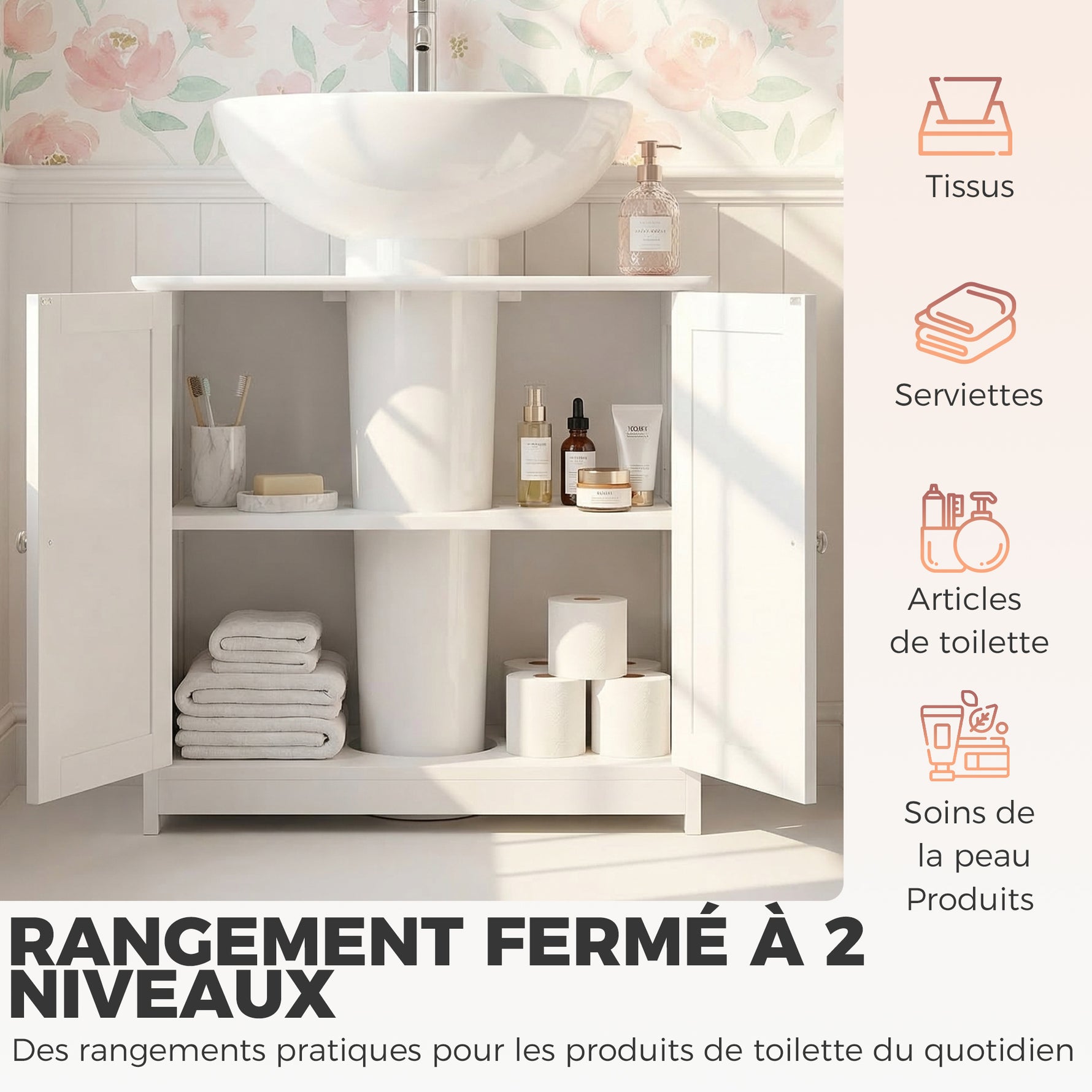 Meuble salle de bain sous lavabo - meuble sous-vasque - placard 2 portes avec étagère - dim. 60L x 30l x 60H cm - en bois blanc