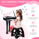 Piano enfant électronique 32 touches multifonctions avec micro haut parleur tabouret couvercle lumineux LED noir