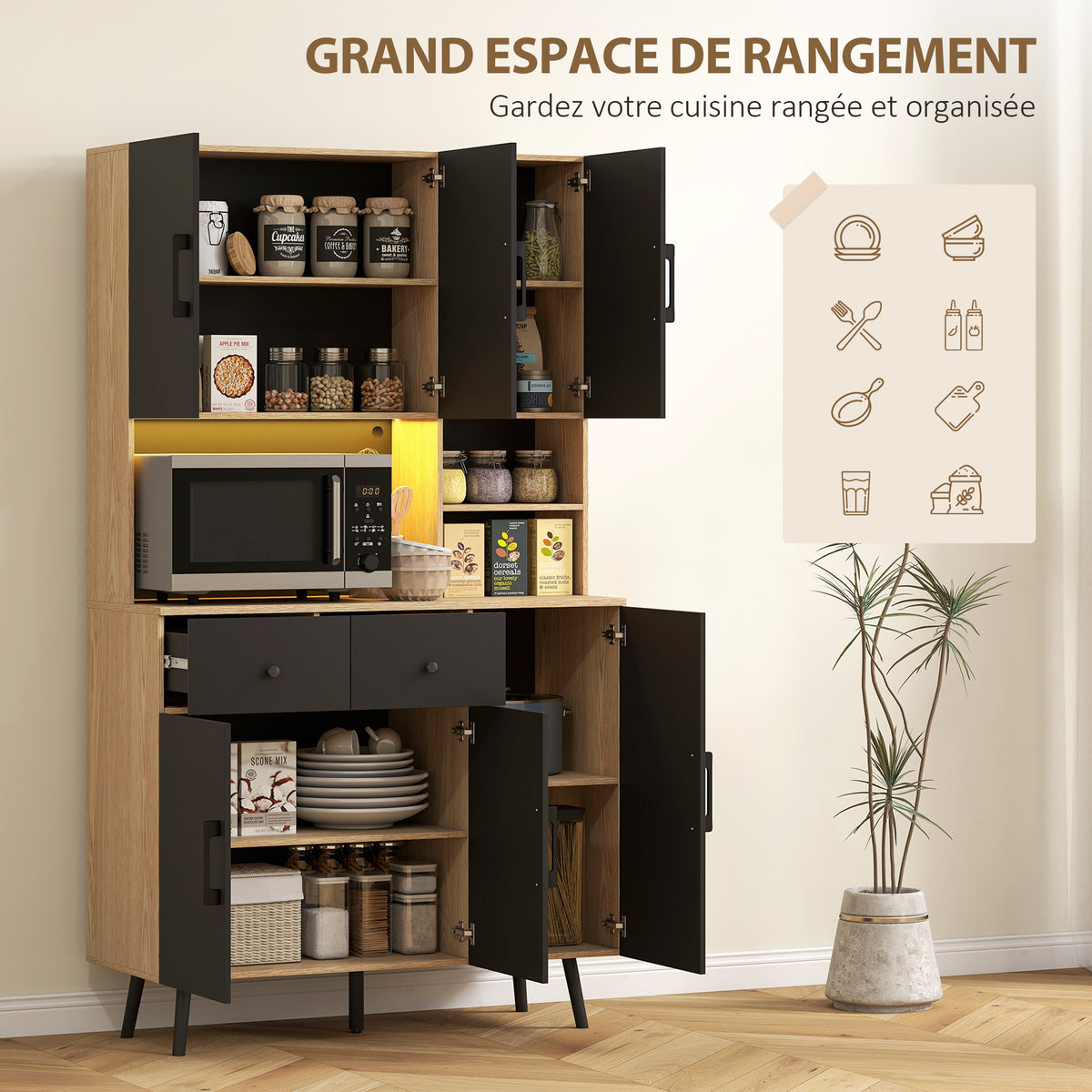 Credenza da cucina mobile dispensa alto con luce LED RGB piano di lavoro 6 ante 2 cassetti 100x40x176cm nero