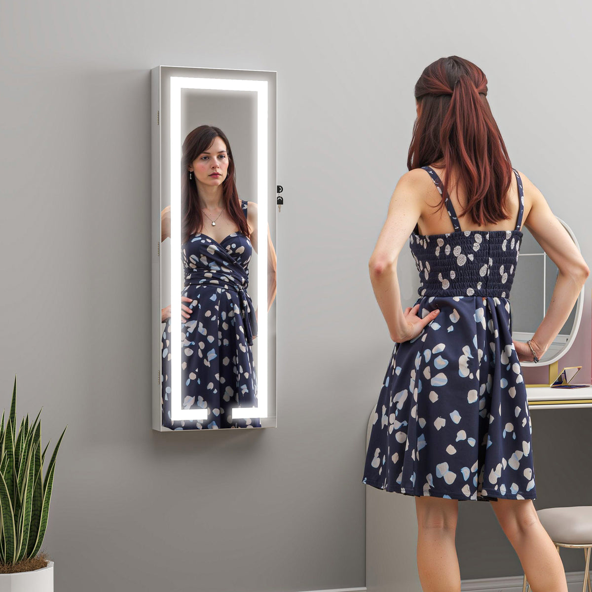 Armoire à bijoux avec LED, organisateur de bijoux mural/de porte verrouillable avec miroir, 37 x 10,5 x 108 cm, blanc