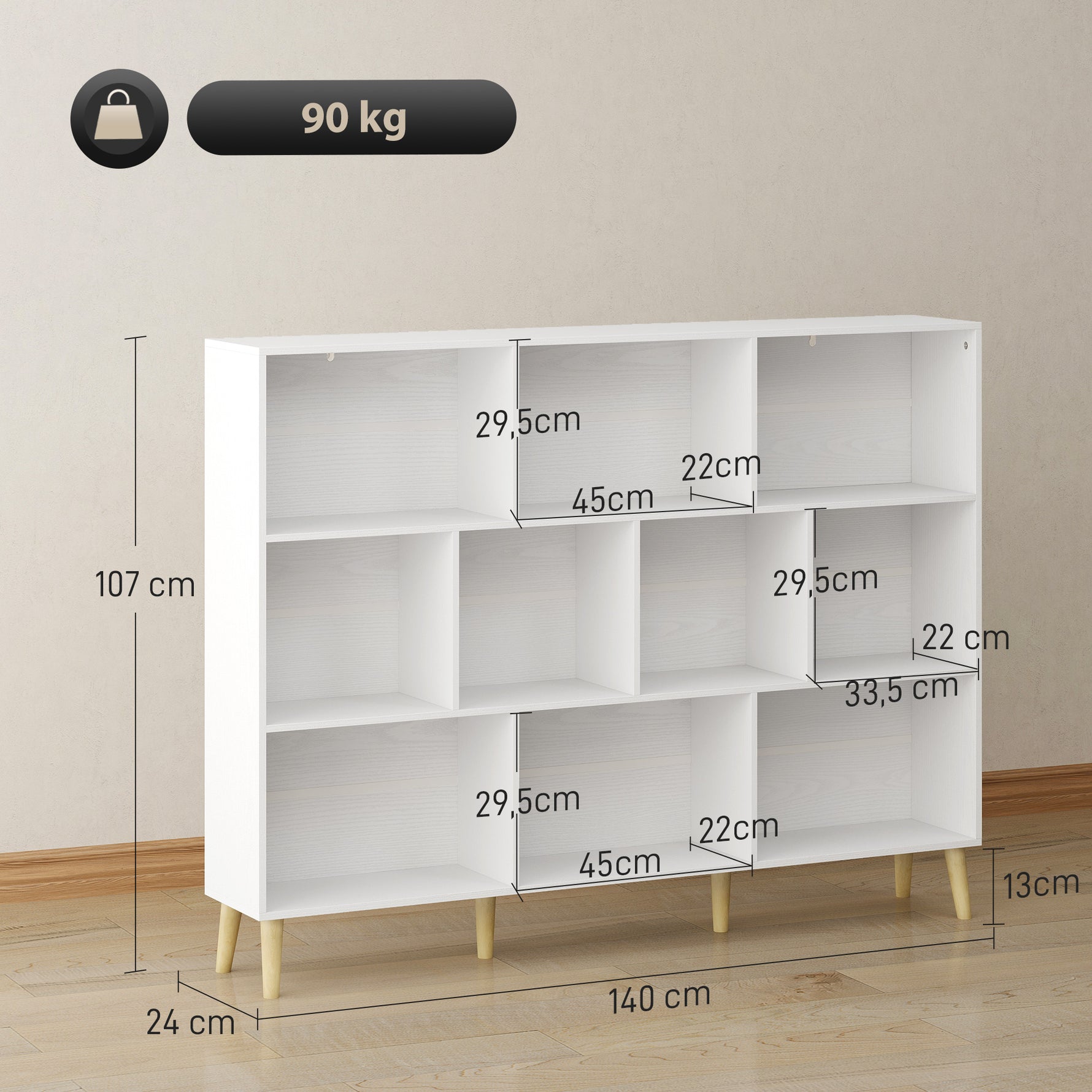 Bibliothèque à 3 Niveaux avec 10 Compartiments, Étagère de Rangement avec Pieds en Bois Massif, Effet Bois Blanc