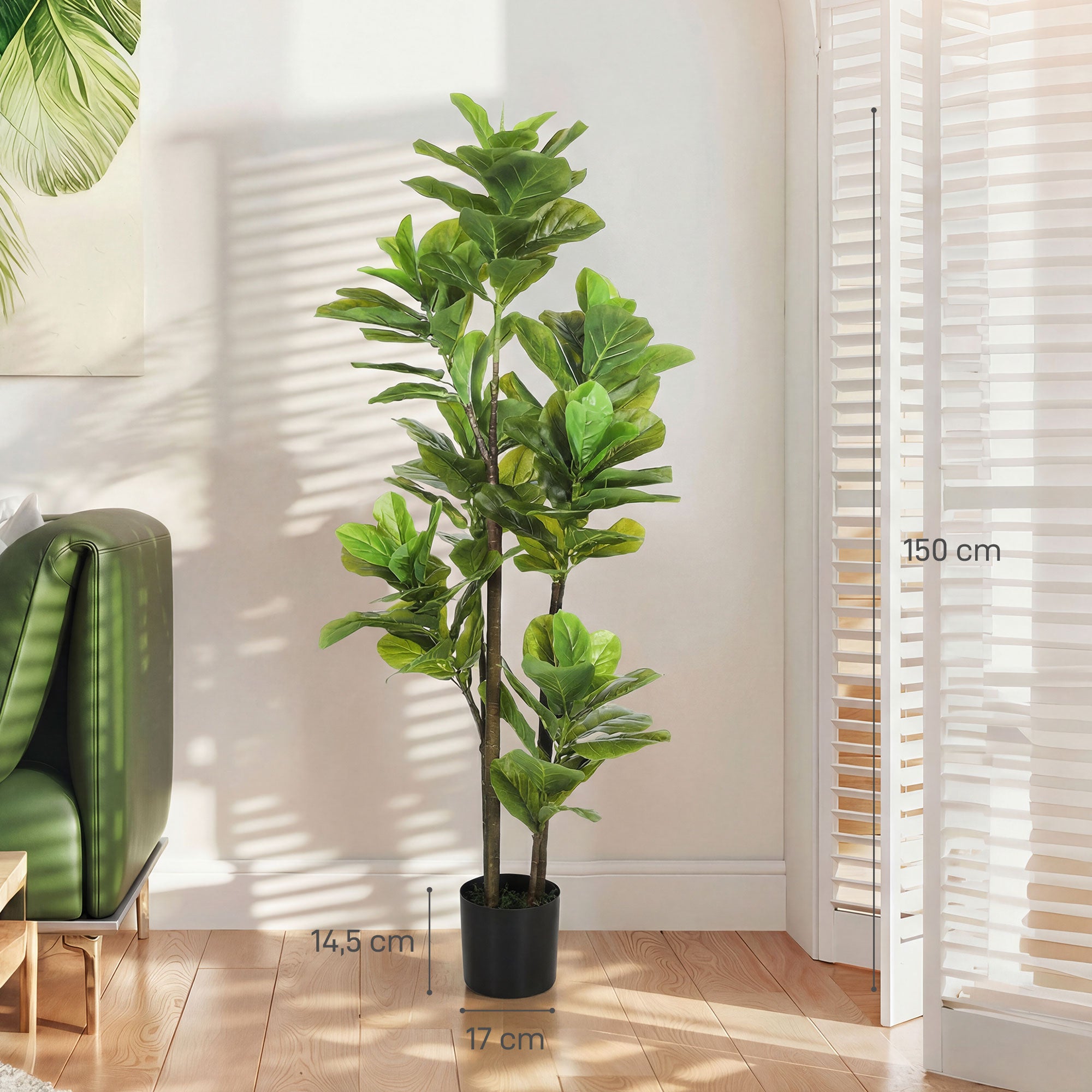 Lot de 2 plantes artificielles intérieures 150 cm, fausse plante à figuier lyre avec pot en ciment, vert