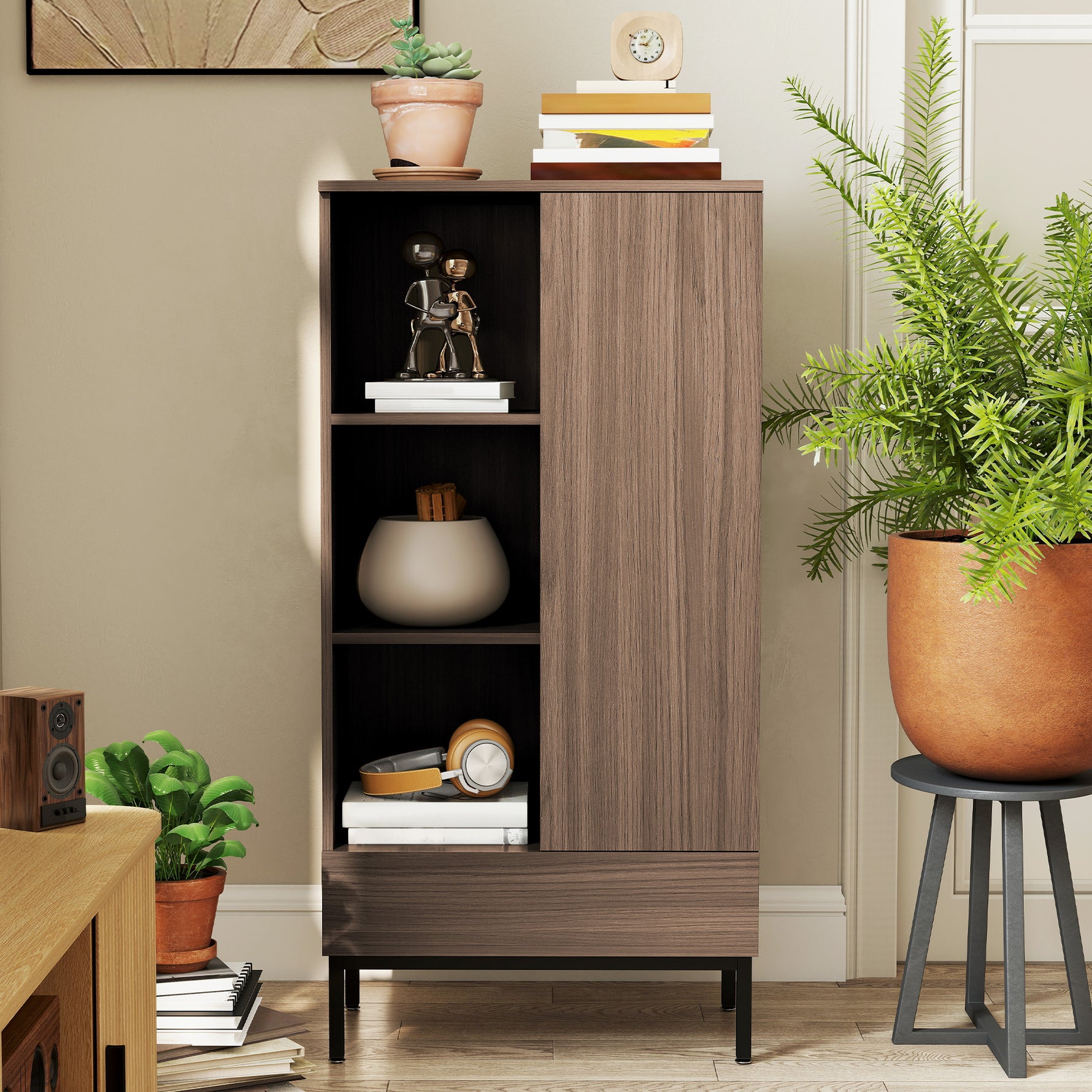 Buffet meuble de rangement avec placard à portes, tiroir, 3 compartiments ouverts et étagères réglables, gris