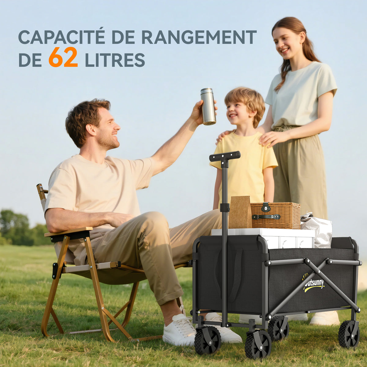 Carro de jardín carro de transporte con ruedas con mango ajustable, con bolsas de transporte 64 x 40 x 60-84 cm negro