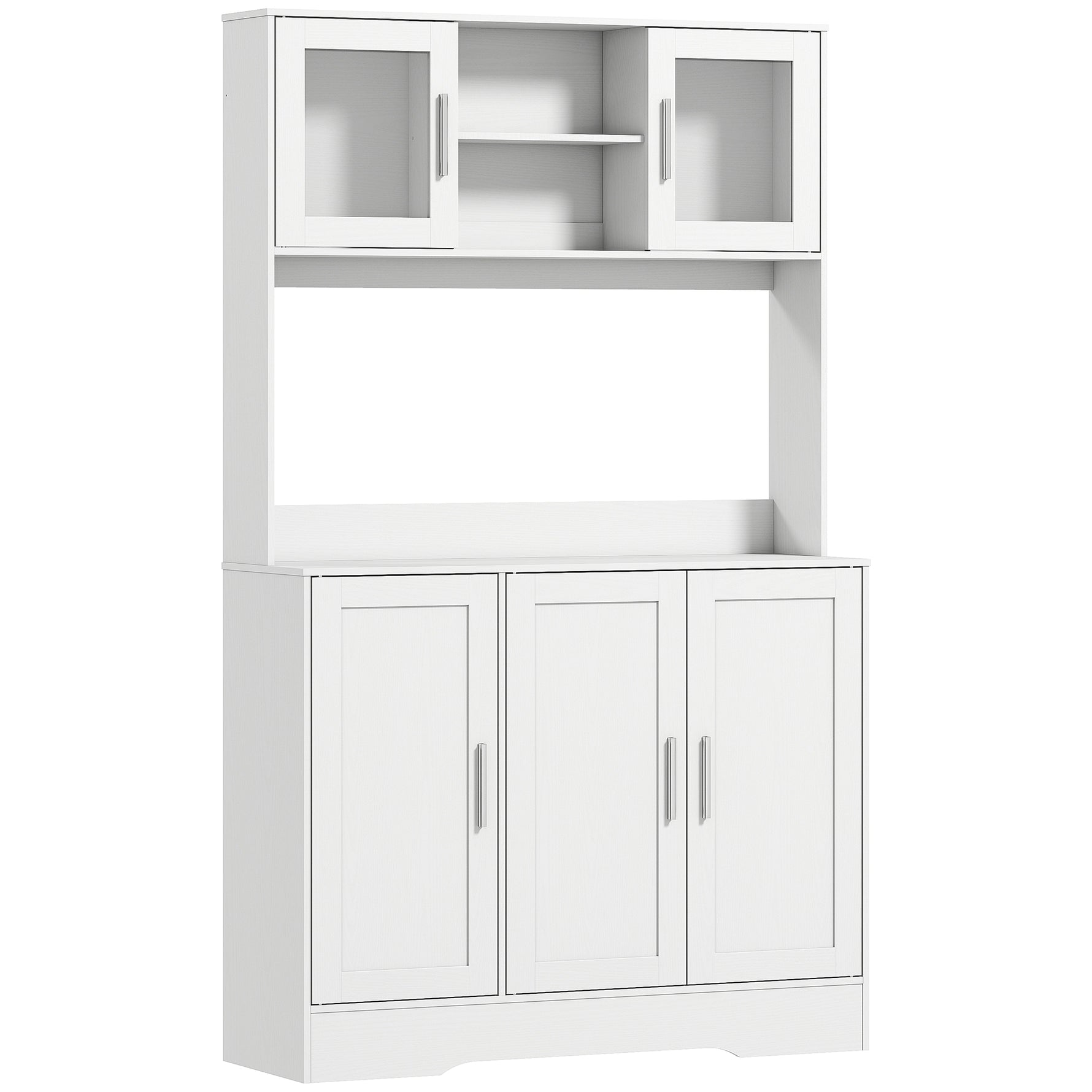 Armoire de cuisine scandinave avec placards, compartiments ouverts, portes vitrées et plan de travail, blanc