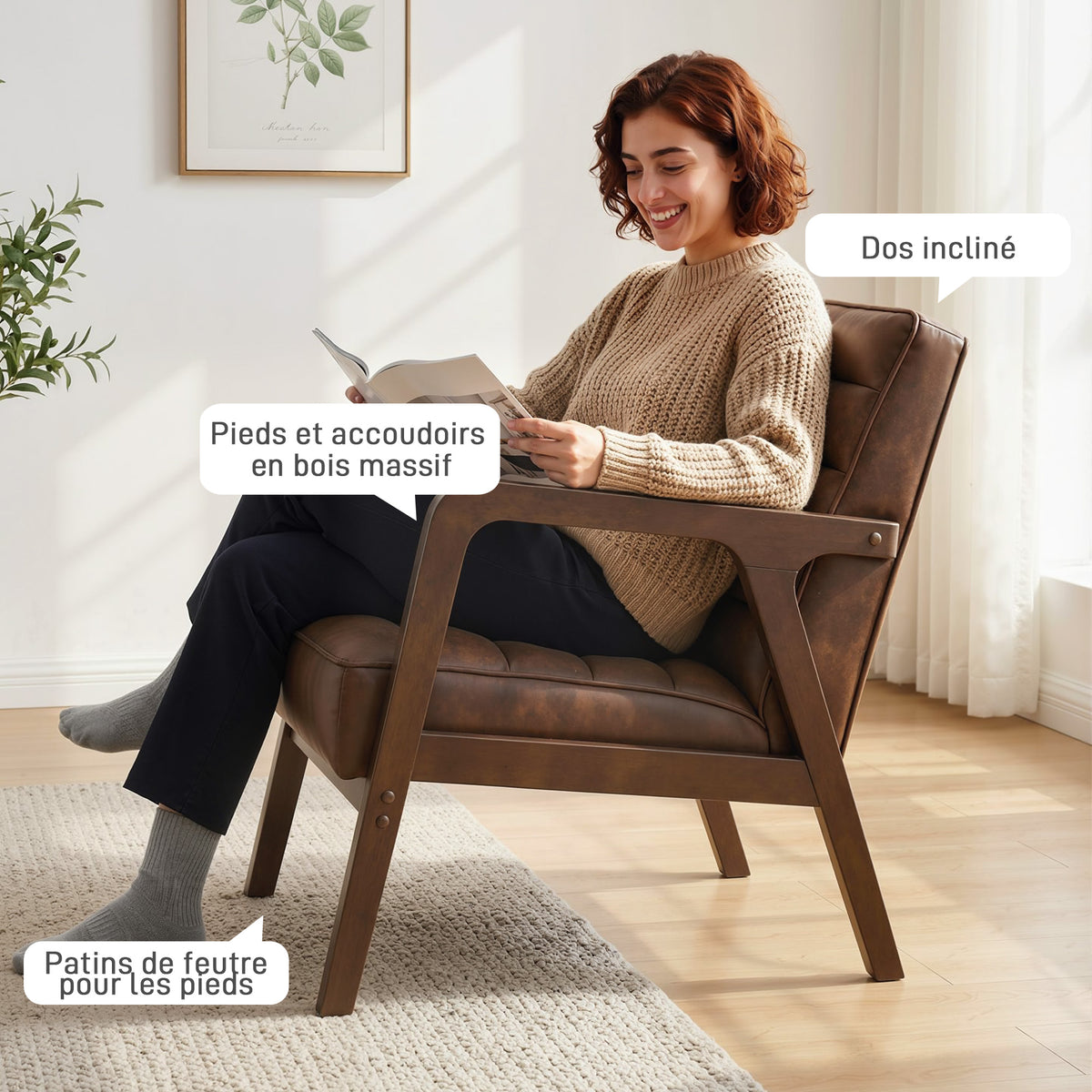 Fauteuil salon, fauteuil d'appoint rembourré en PU avec large assise, coussin épais et structure en bois massif, marron