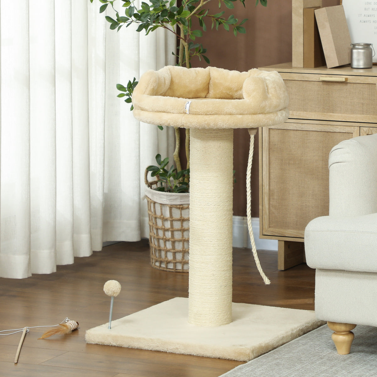 Arbre à chat grattoir design jeu boule et cordelette suspendue+ plateforme peluche - 55 x 55 x 83 cm - sisal beige