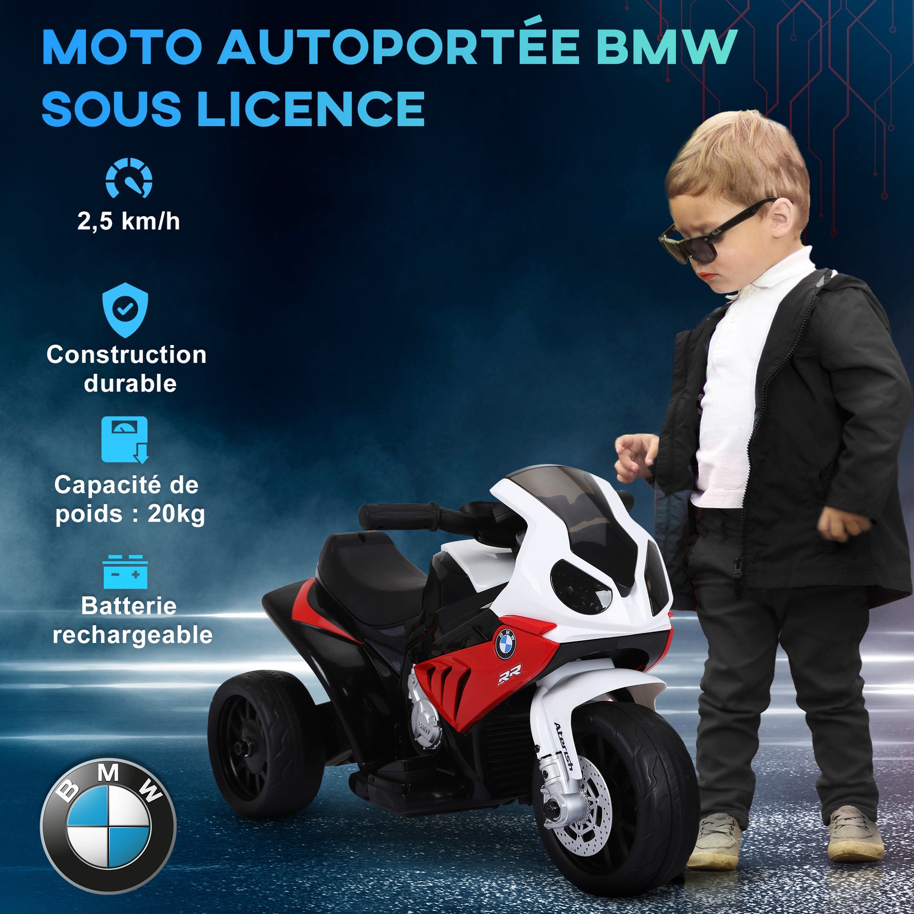Moto électrique enfants, 3 roues sous licence BMW S1000 RR, 6V et 2,5 Km/h, voiture électrique enfants avec effets lumineux et sonores, moto enfant, charge max. 20 kg, rouge