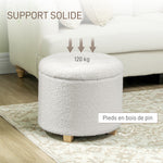 Pouf coffre rangement, tabouret rond, pouf repose-pieds en tissu bouclette, charge 120 Kg, Ø 45 x 41 cm, blanc