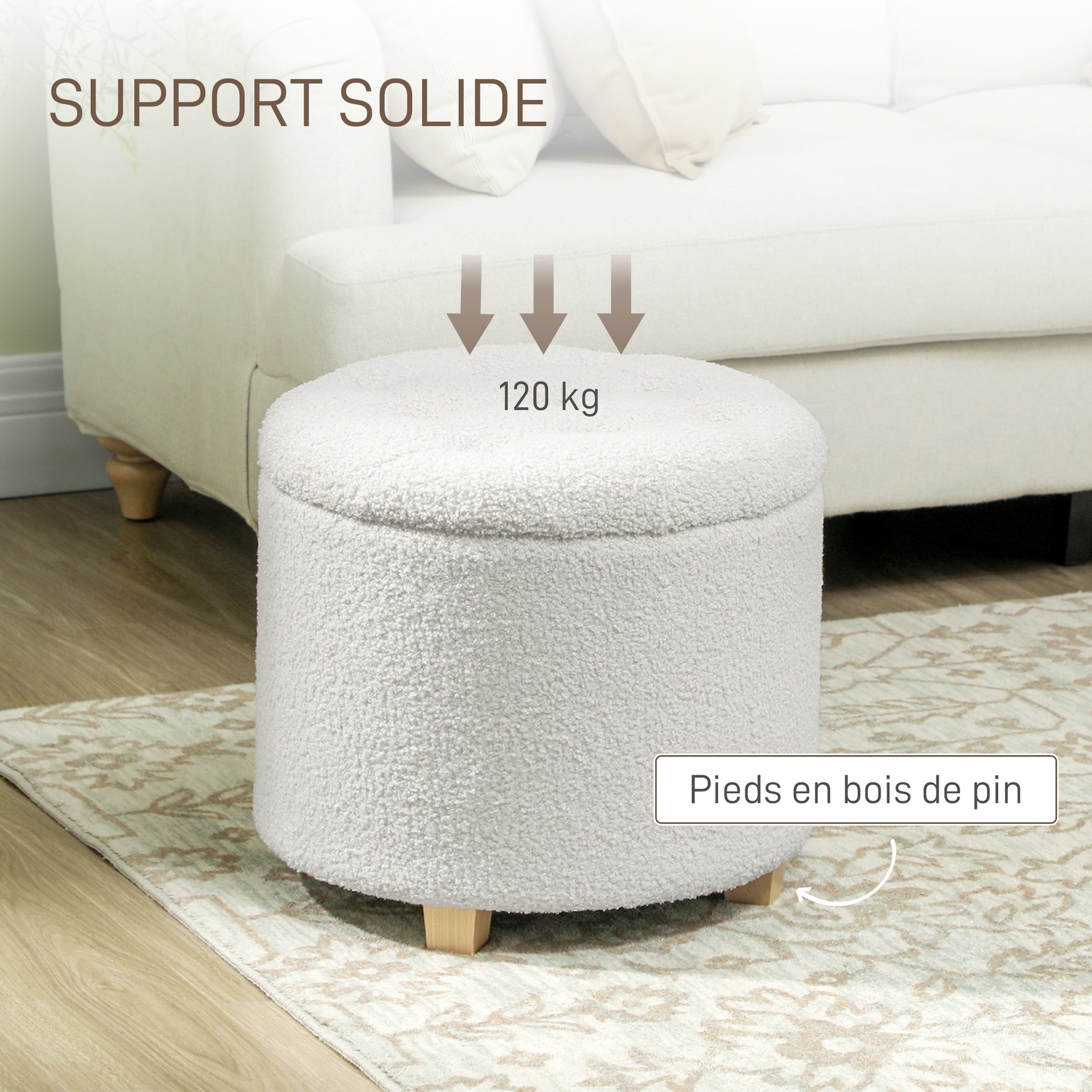Pouf coffre rangement, tabouret rond, pouf repose-pieds en tissu bouclette, charge 120 Kg, Ø 45 x 41 cm, blanc