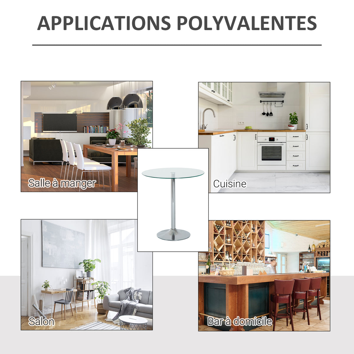 Ronde eettafel voor 2 personen, moderne keukentafel met blad van gehard glas en stalen onderstel, zilverkleurig