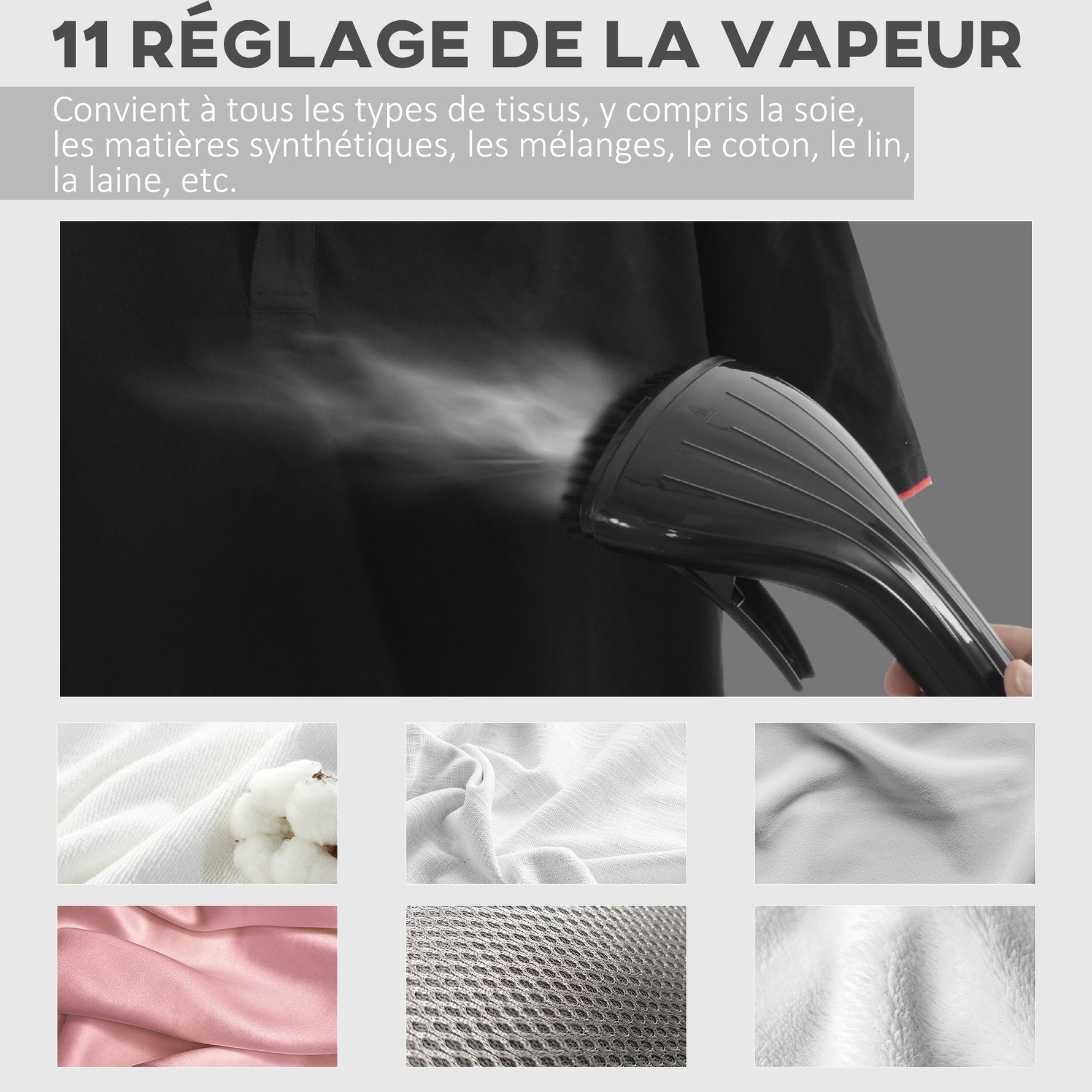 Défroisseur vapeur vertical 1950 W 32g/min, réservoir d'eau 2 L, tige télescopique, 11 températures réglables, noir