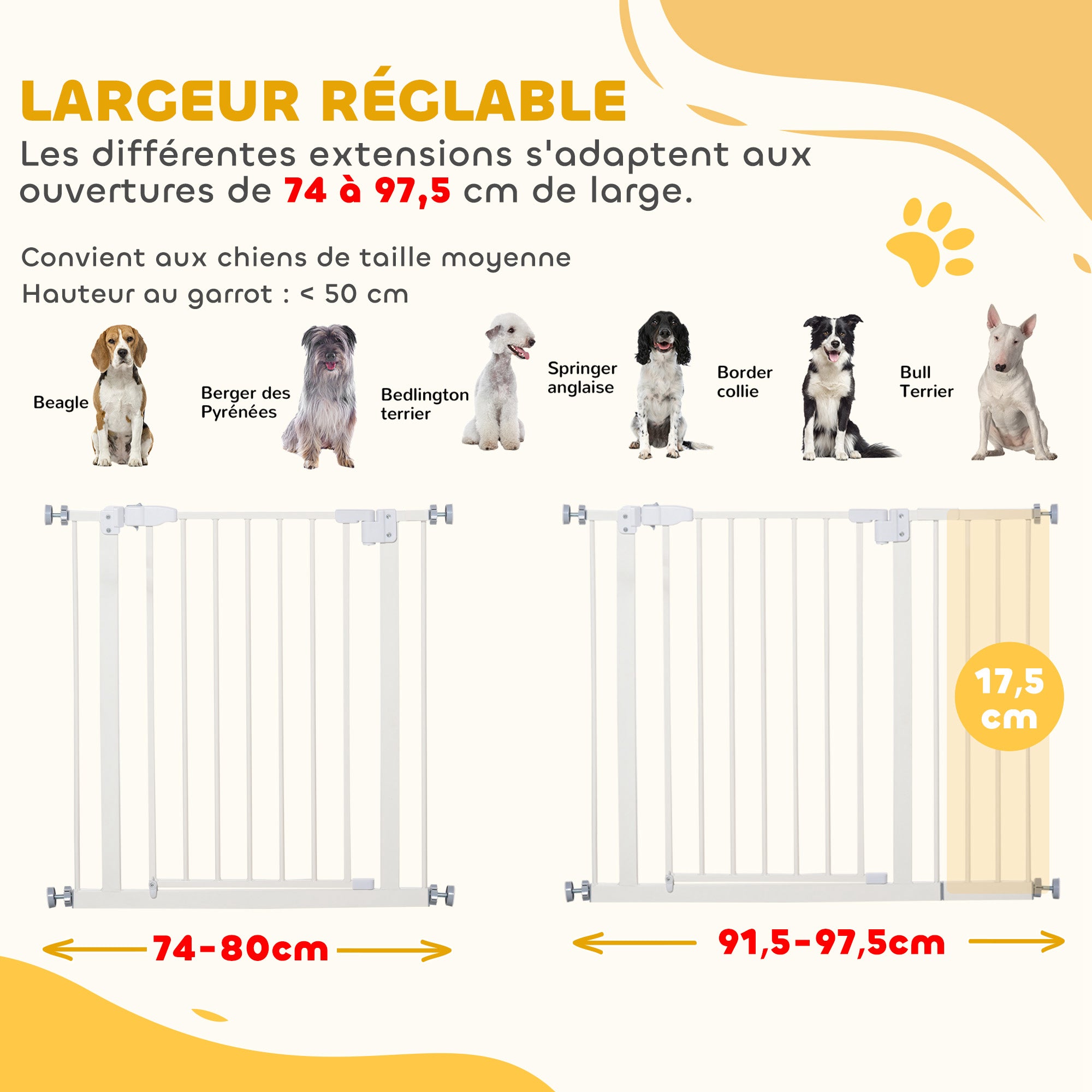 Barrière de sécurité largueur réglable 74-80 / 91,5-97,5 cm double verrouillage fermeture automatique barrière chien pour porte couloir escalier sans perçage acier blanc
