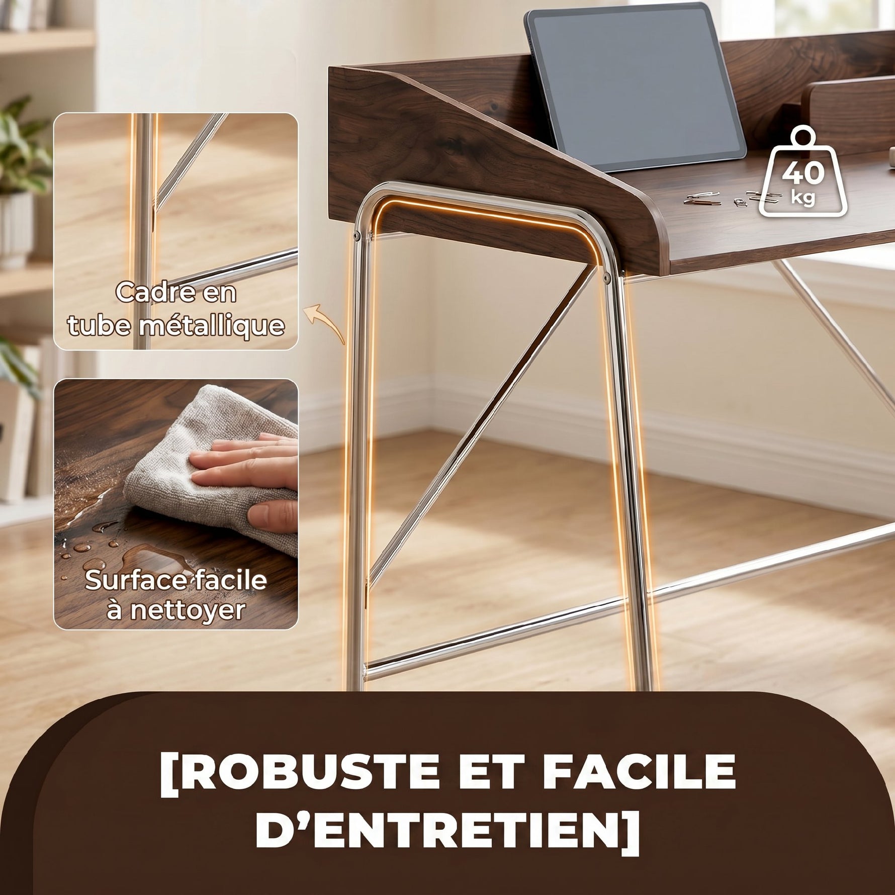 Bureau, bureau d'ordinateur 109 cm avec rebord de sécurité et structure en métal, noyer