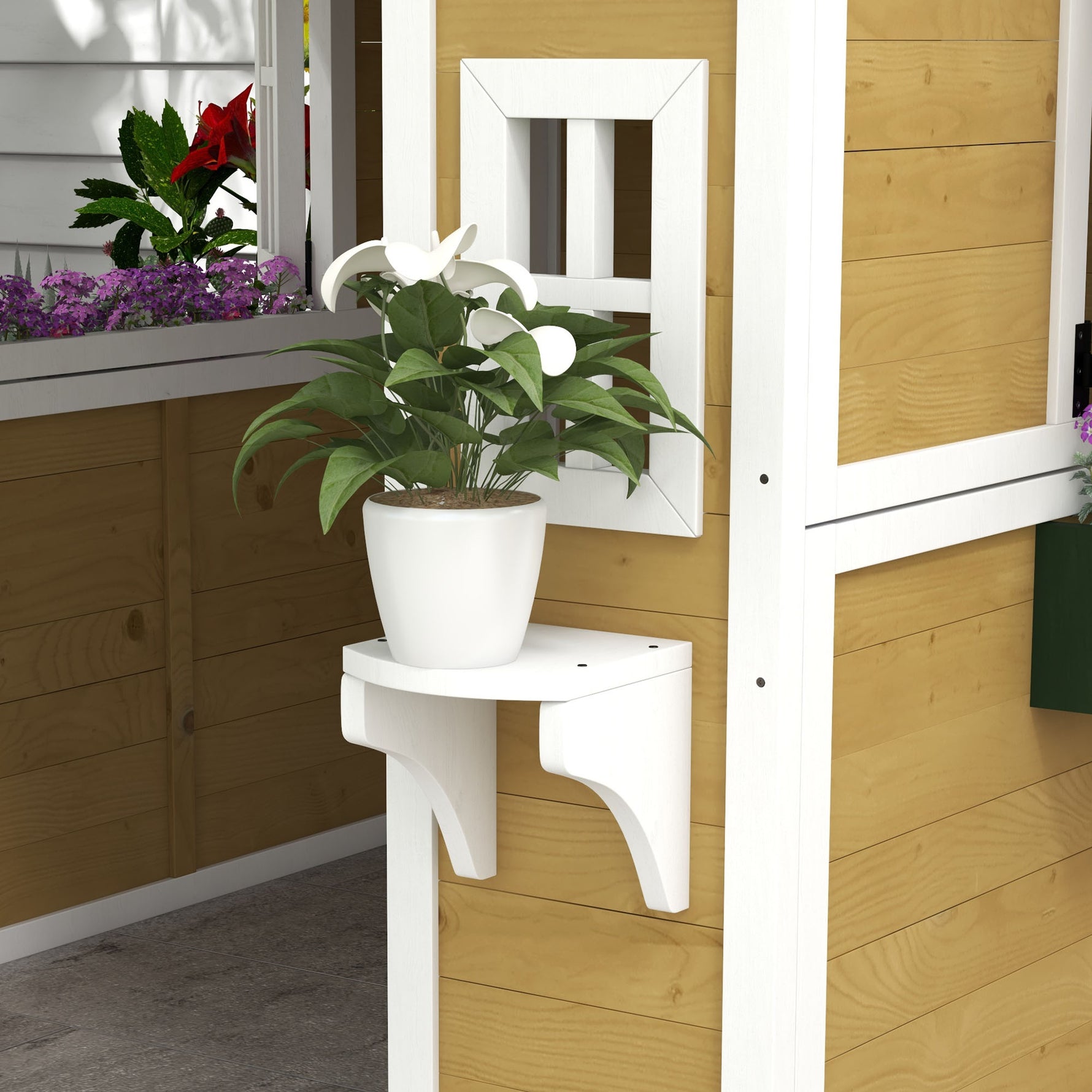 Cabane enfant extérieur maison enfant extérieure avec porte fenêtres et jardinières 114 x 126,4 x 135 cm beige