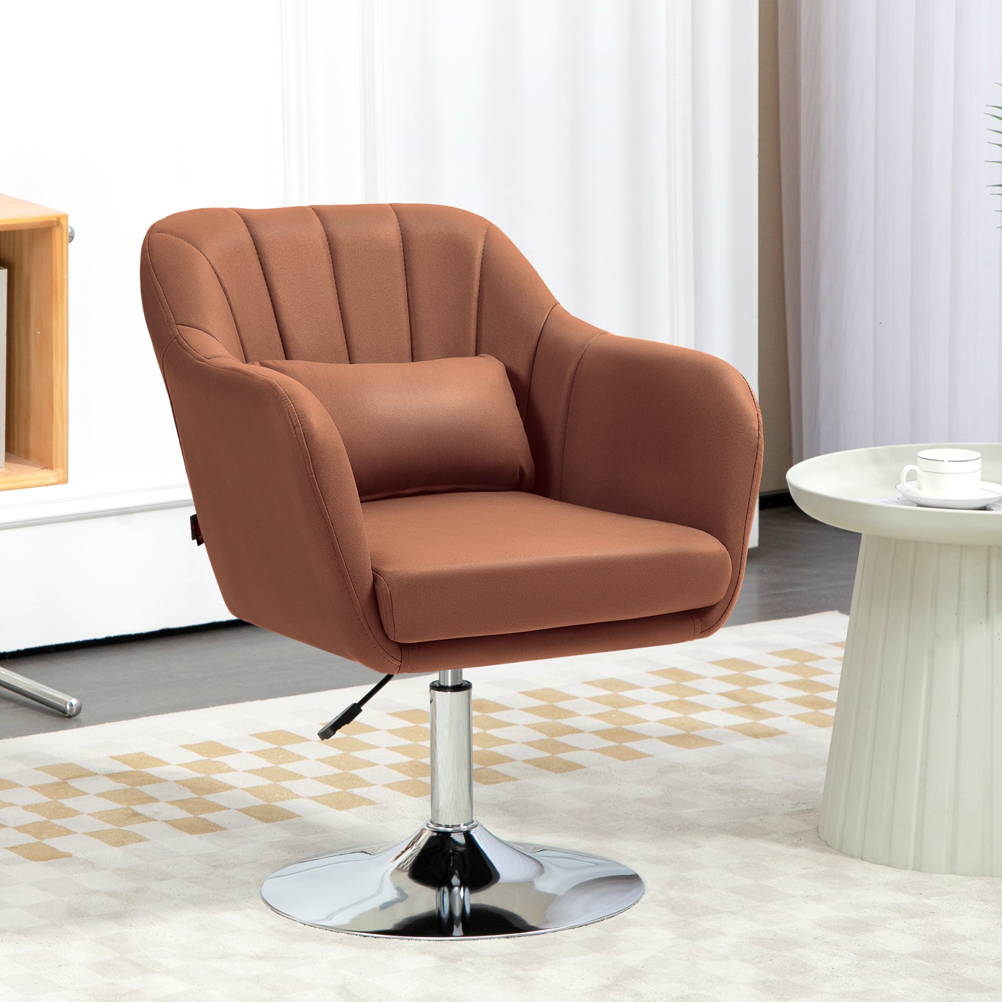 Fauteuil de salon coussins lombaires hauteur réglable pivotant 360° piètement en métal marron