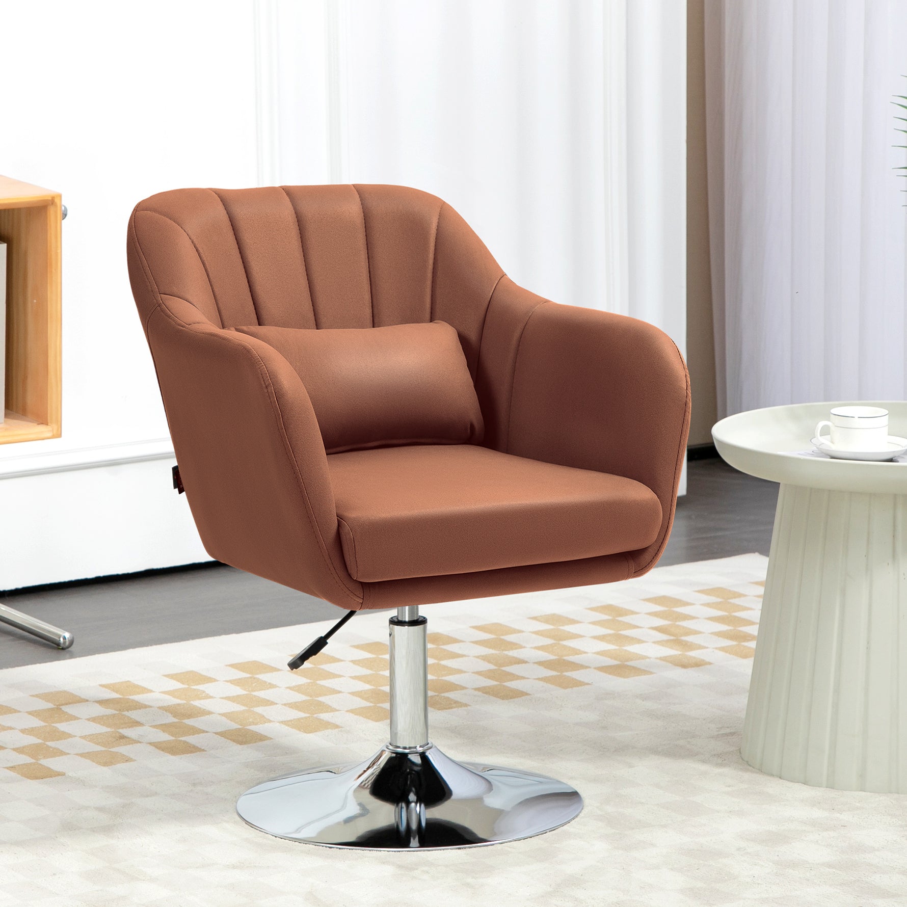 Fauteuil de salon coussins lombaires hauteur réglable pivotant 360° piètement en métal marron