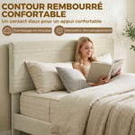 Cadre de Lit 160 x 200 cm avec Sommier en Bois, Rembourré en Effet Lin, Cadre en Acier, 9 Pieds Robustes, Beige