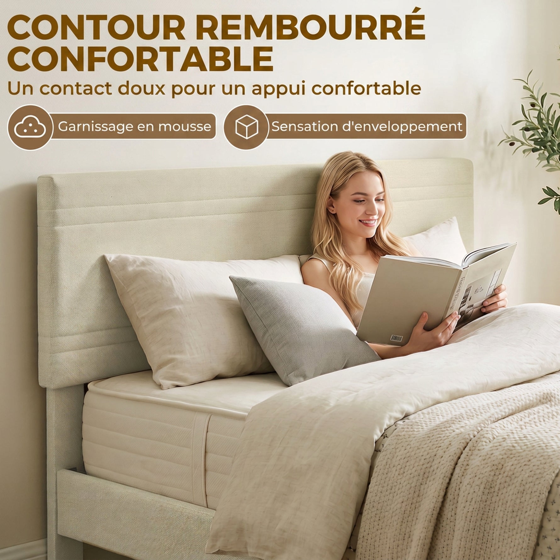 Cadre de Lit 160 x 200 cm avec Sommier en Bois, Rembourré en Effet Lin, Cadre en Acier, 9 Pieds Robustes, Beige