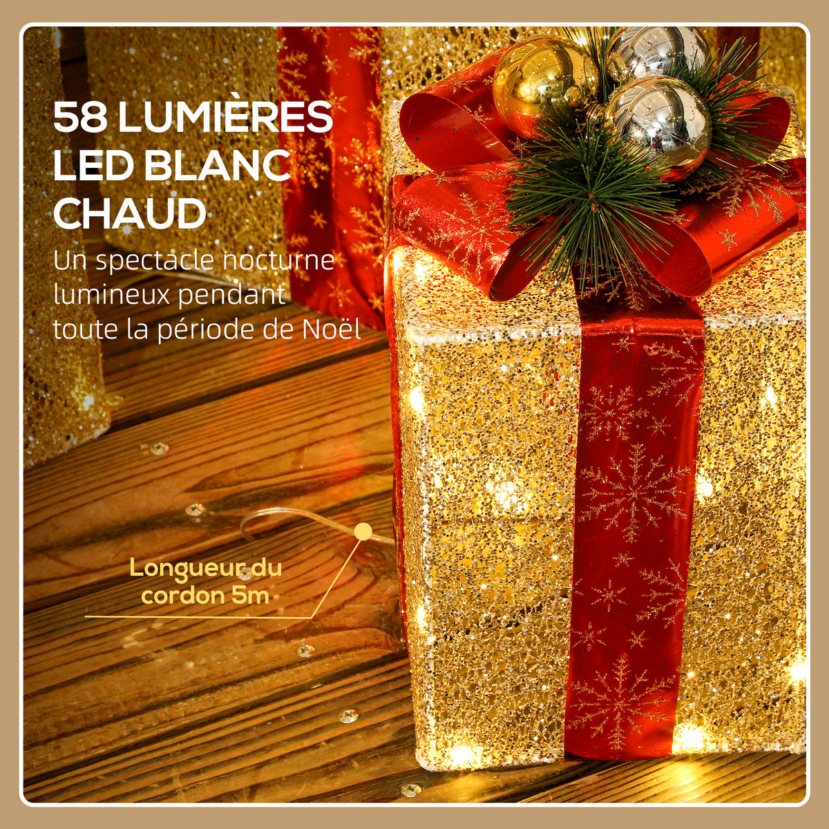 Boîtes cadeaux Noël lumineuse décorations de Noël avec nœud 58 lumières lot de 3 boîtes à cadeaux à LED or